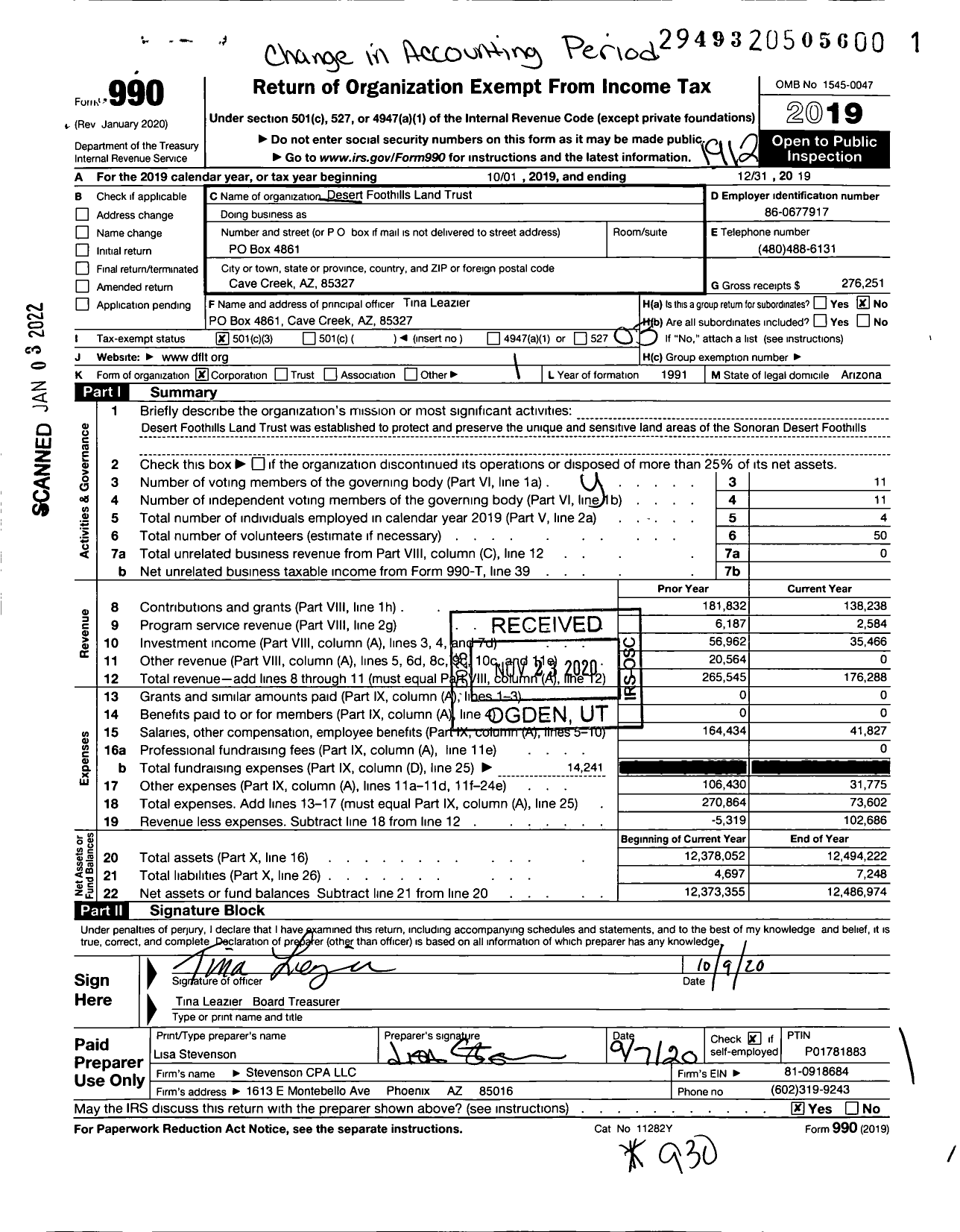 Image of first page of 2019 Form 990 for Desert Foothills Land Trust (DFLT)