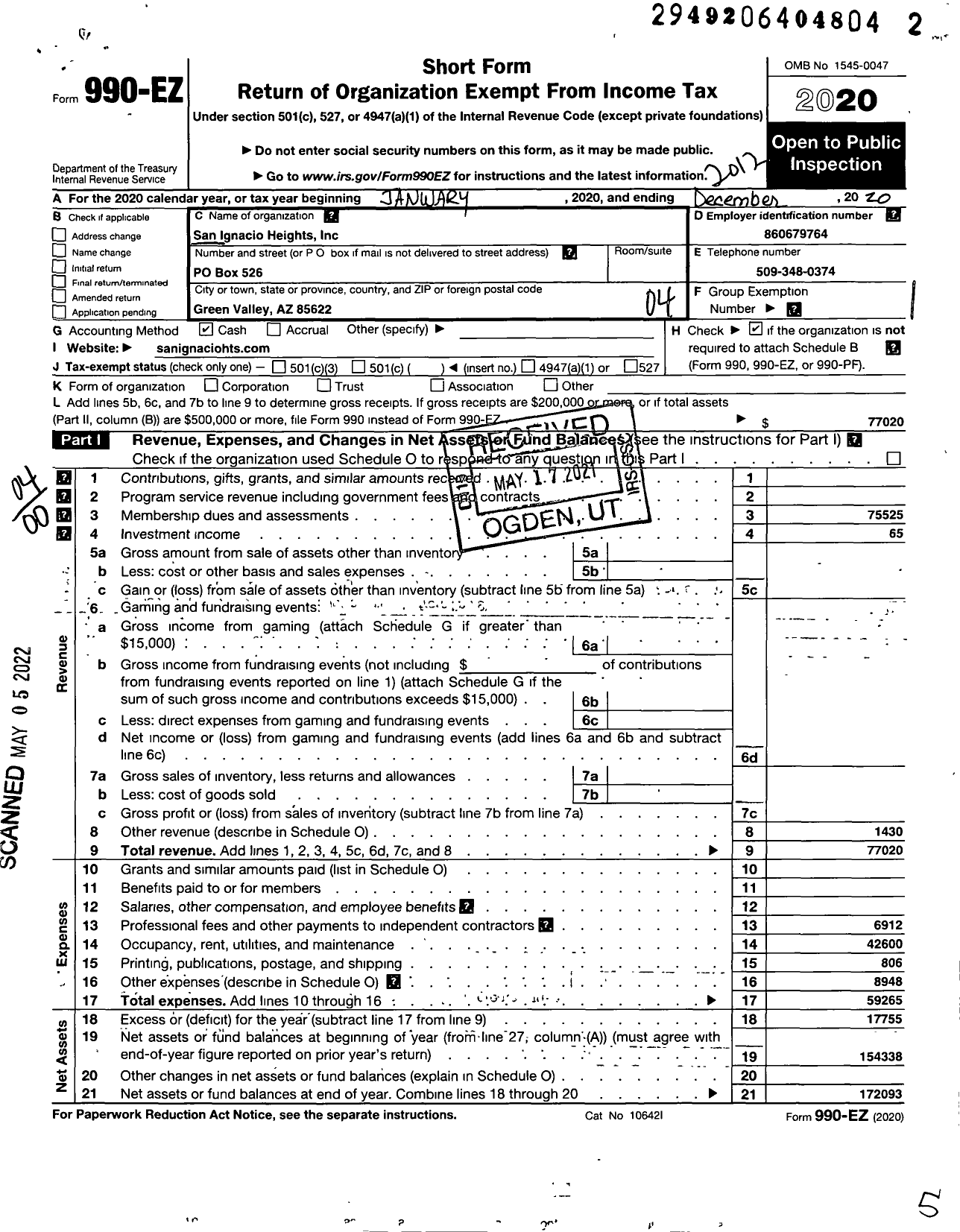 Image of first page of 2020 Form 990EO for San Ignacio Heights