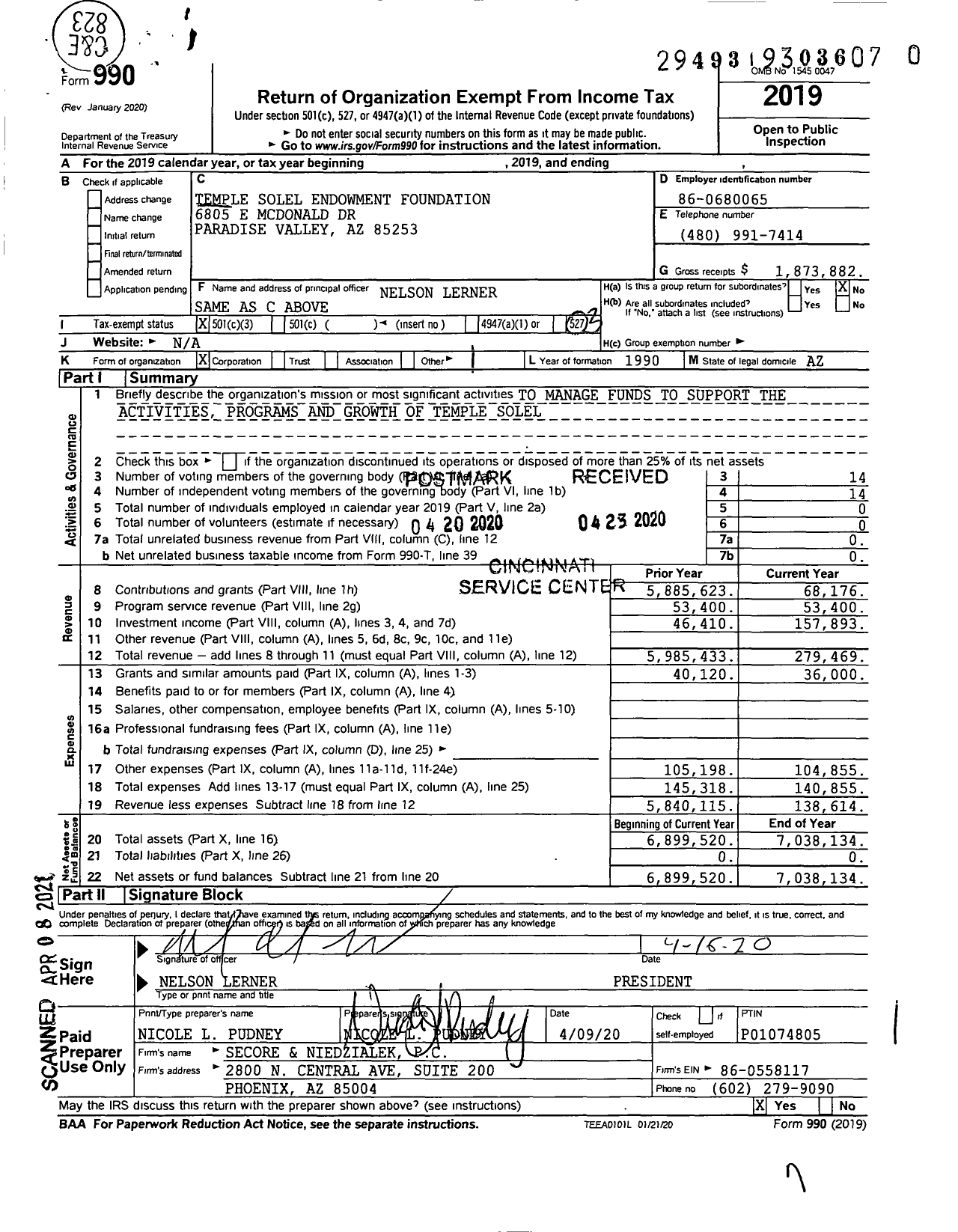 Image of first page of 2019 Form 990 for Temple Solel Endowment Foundation