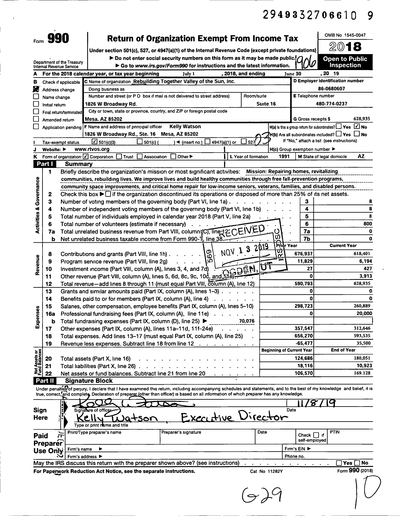 Image of first page of 2018 Form 990 for Rebuilding Together Valley of the Sun