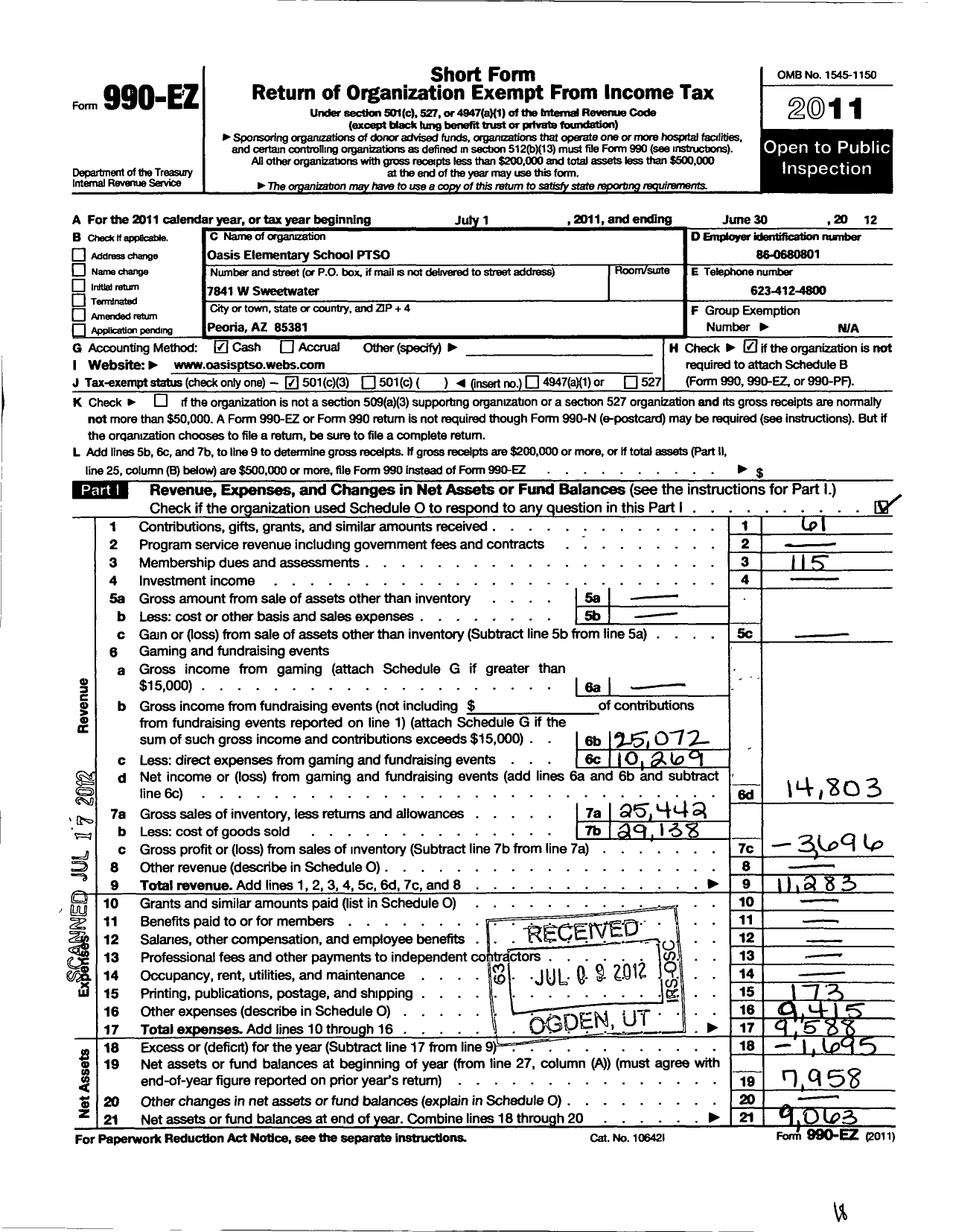 Image of first page of 2011 Form 990EZ for Oasis Elementary Parent-Teacher- Student Organization of Maricopa C