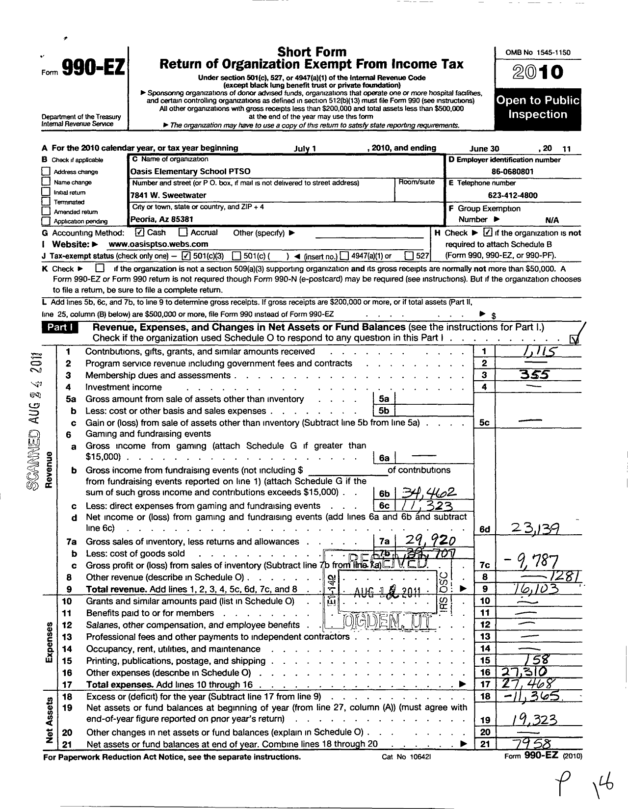 Image of first page of 2010 Form 990EZ for Oasis Elementary Parent-Teacher- Student Organization of Maricopa C