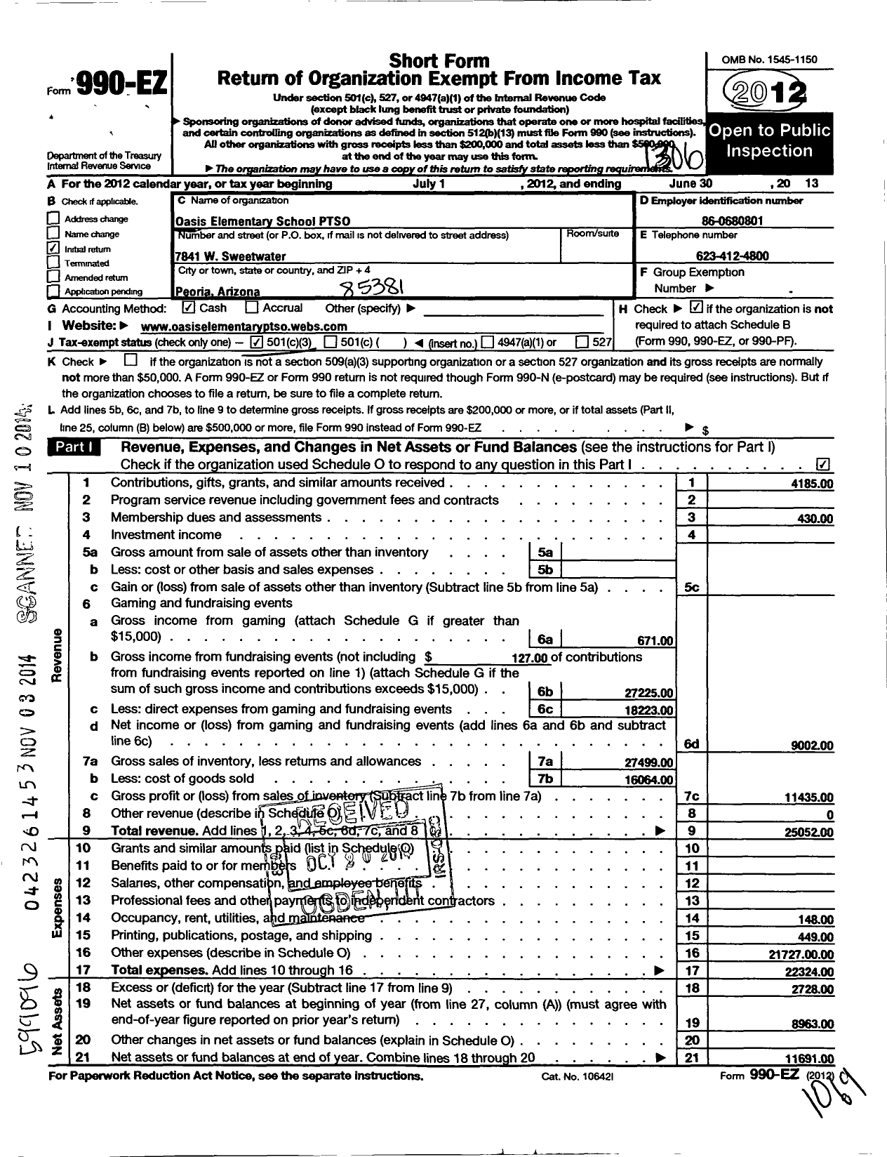 Image of first page of 2012 Form 990EZ for Oasis Elementary Parent-Teacher- Student Organization of Maricopa C