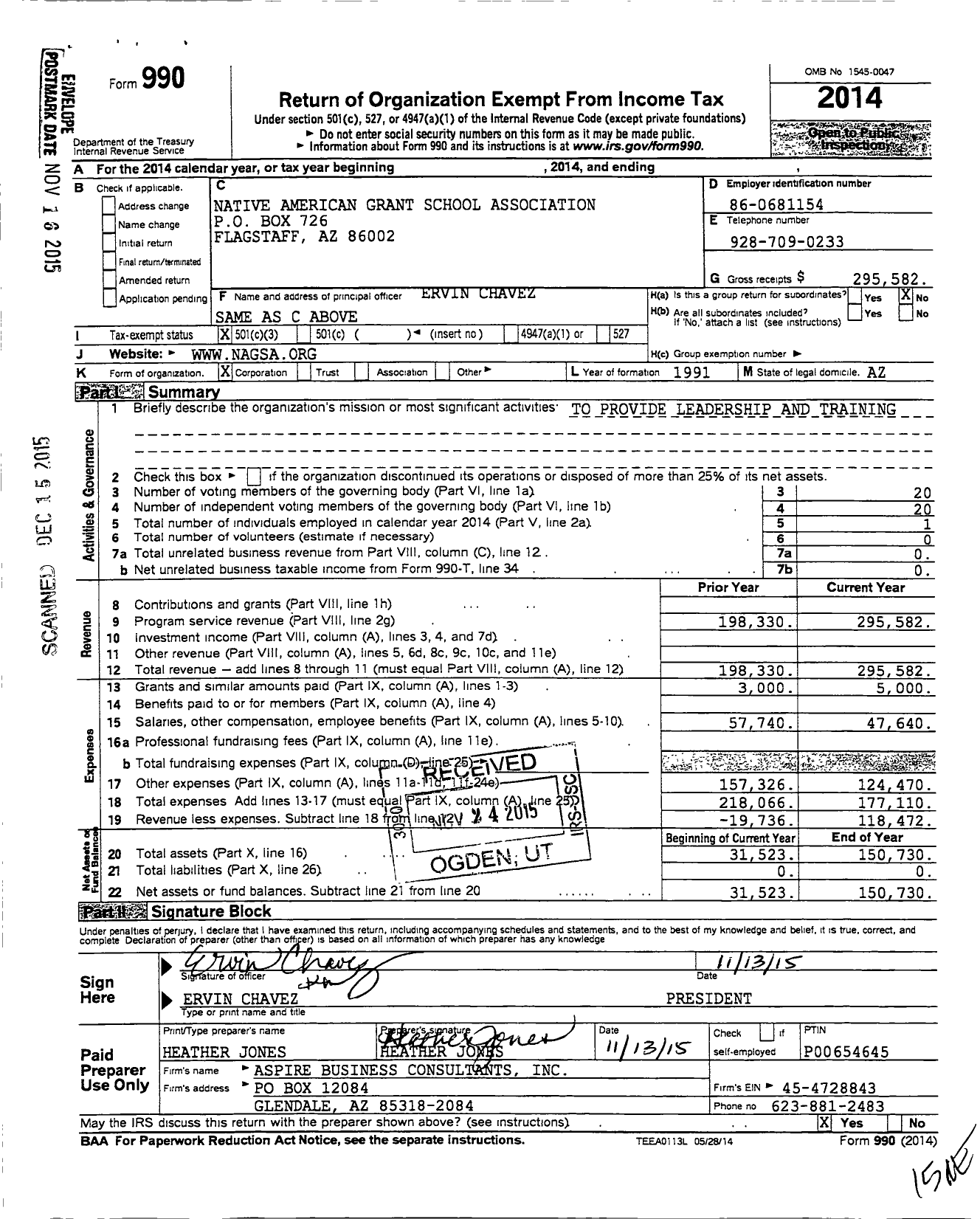 Image of first page of 2014 Form 990 for Native American Grant School Association