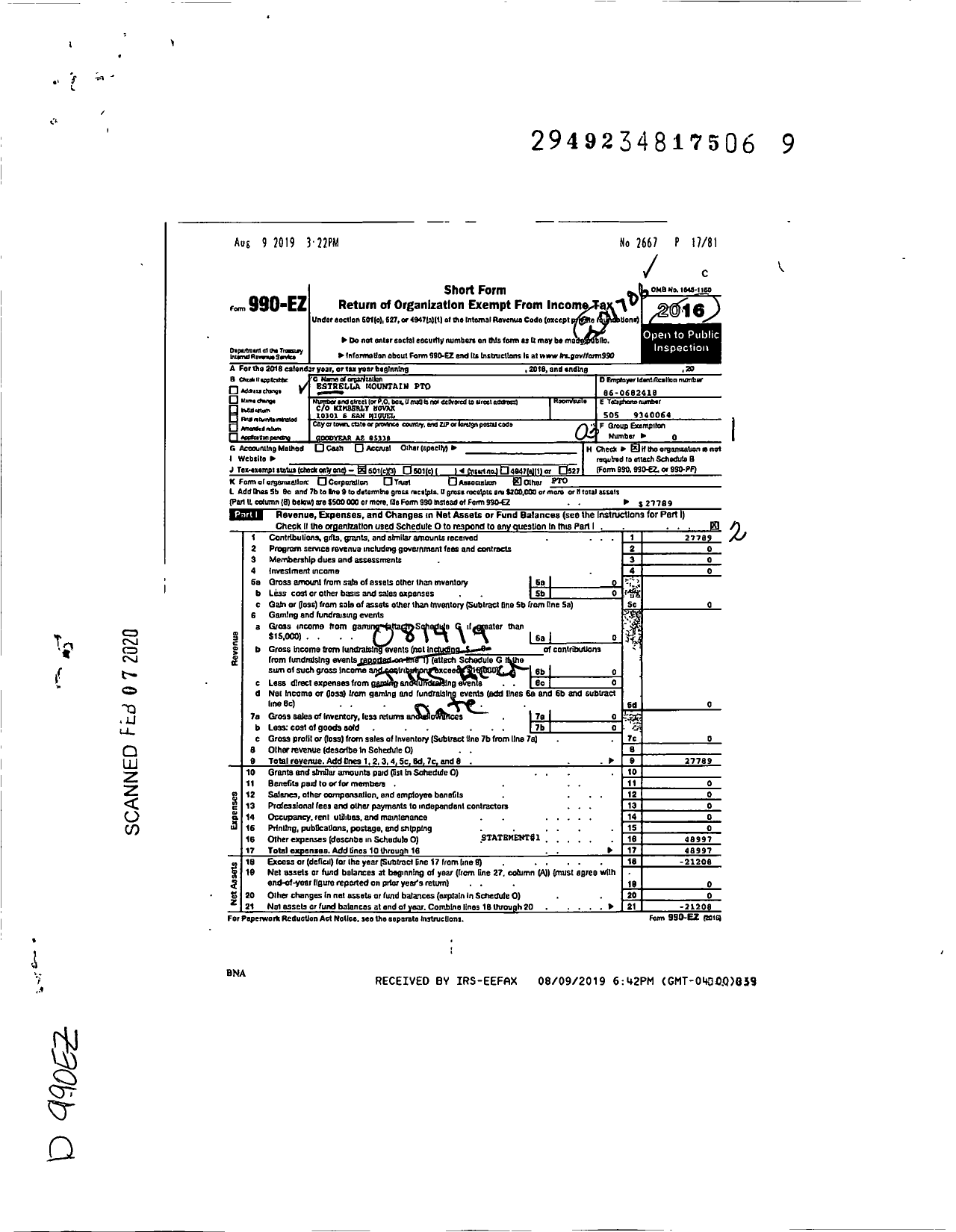 Image of first page of 2016 Form 990EZ for Estrella Mountain Elementary School Parent Teacher Organization