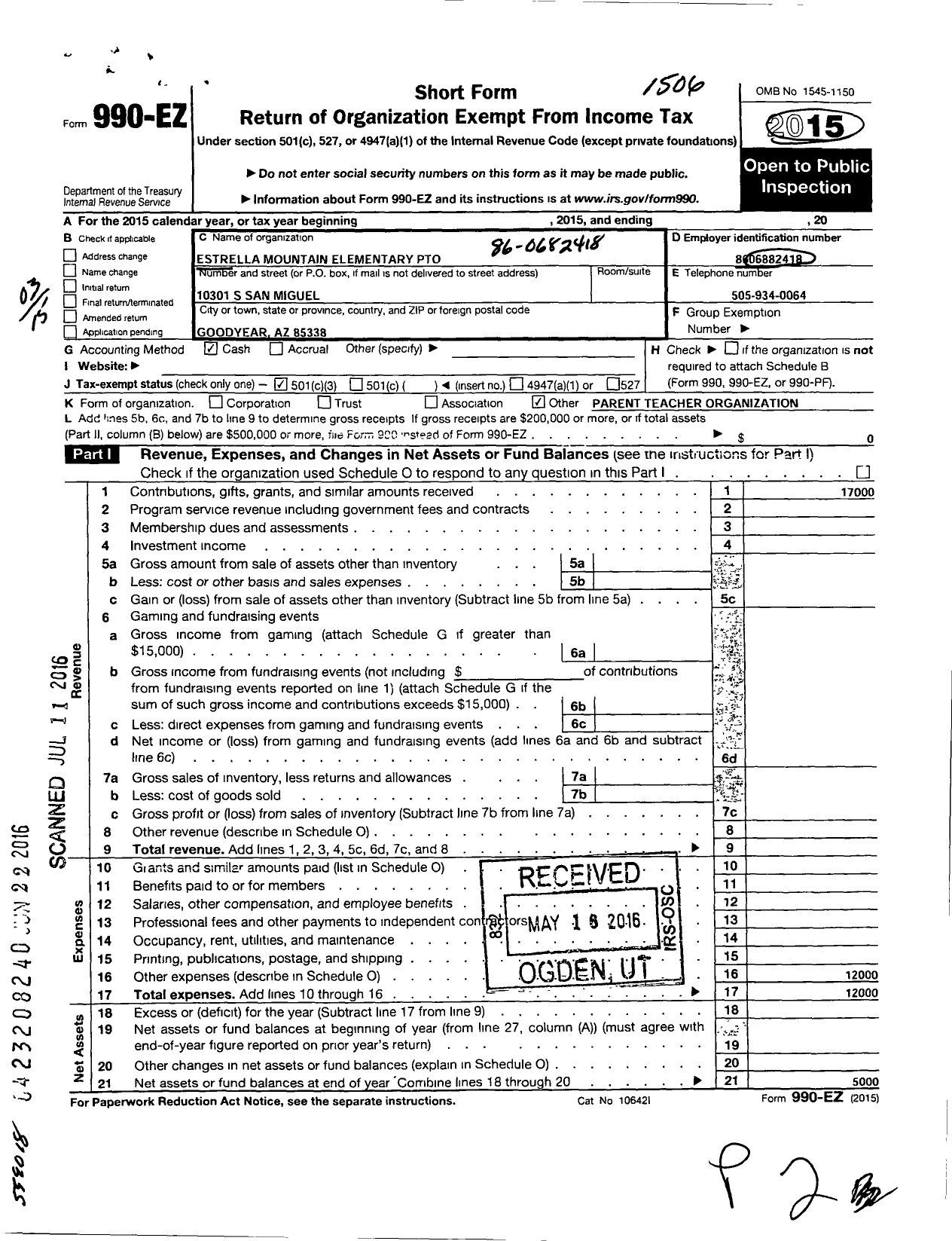 Image of first page of 2014 Form 990EZ for Estrella Mountain Elementary School Parent Teacher Organization