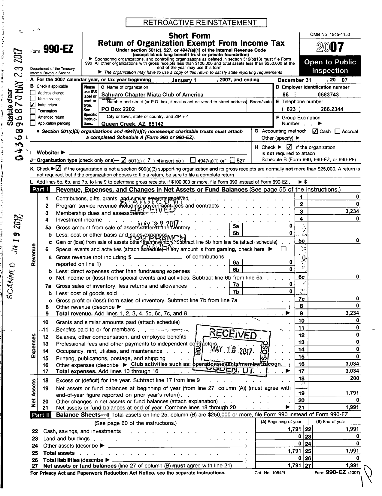 Image of first page of 2007 Form 990EO for Sahuaro Chapter Miata Club of America