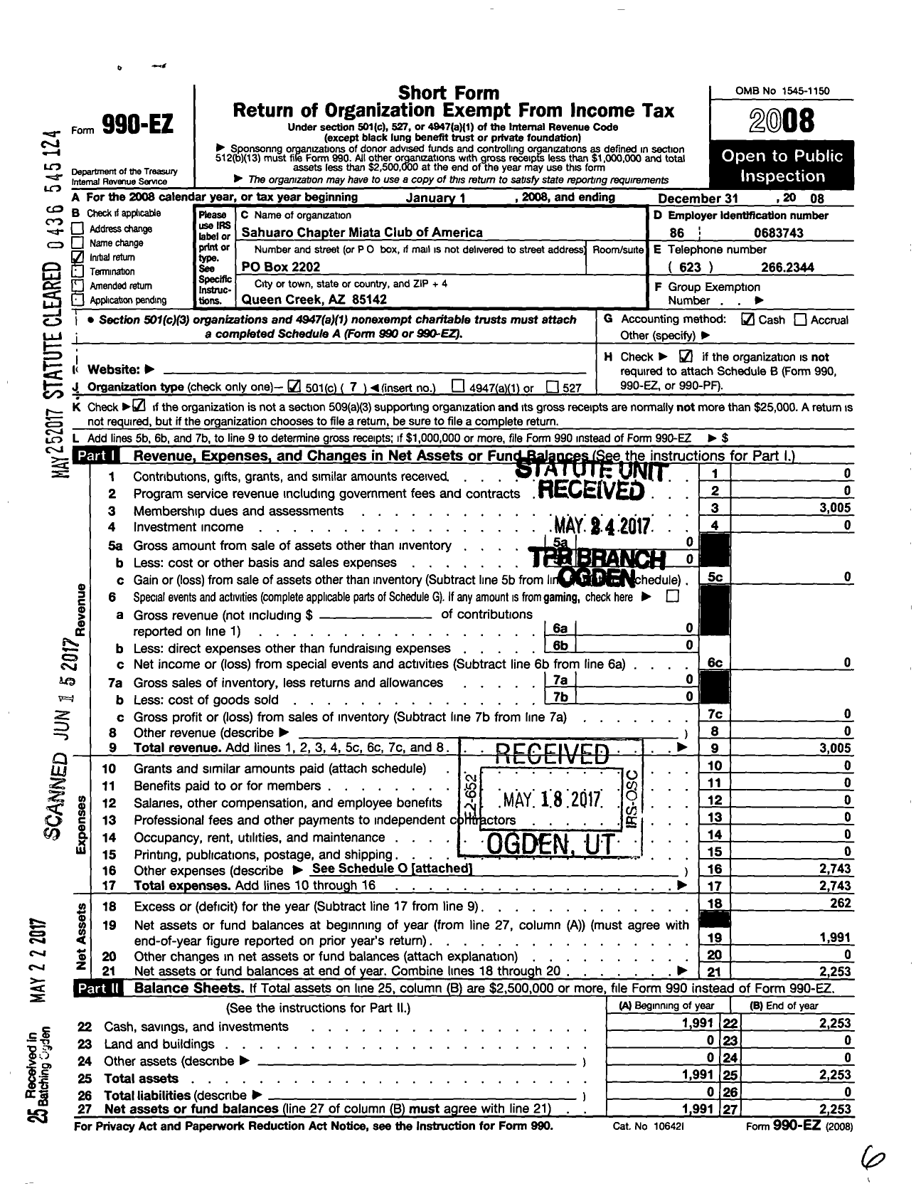 Image of first page of 2008 Form 990EO for Sahuaro Chapter Miata Club of America