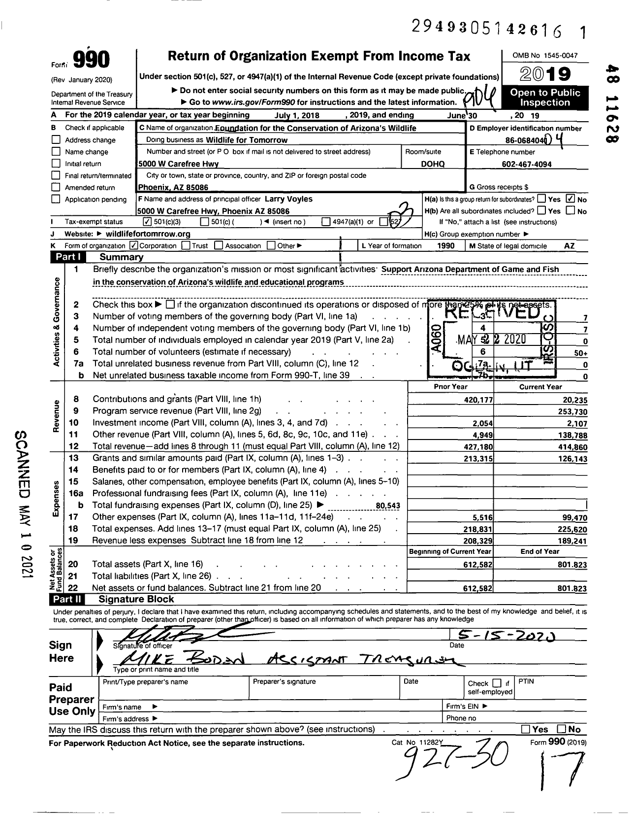 Image of first page of 2018 Form 990 for Wildlife for Tomorrow