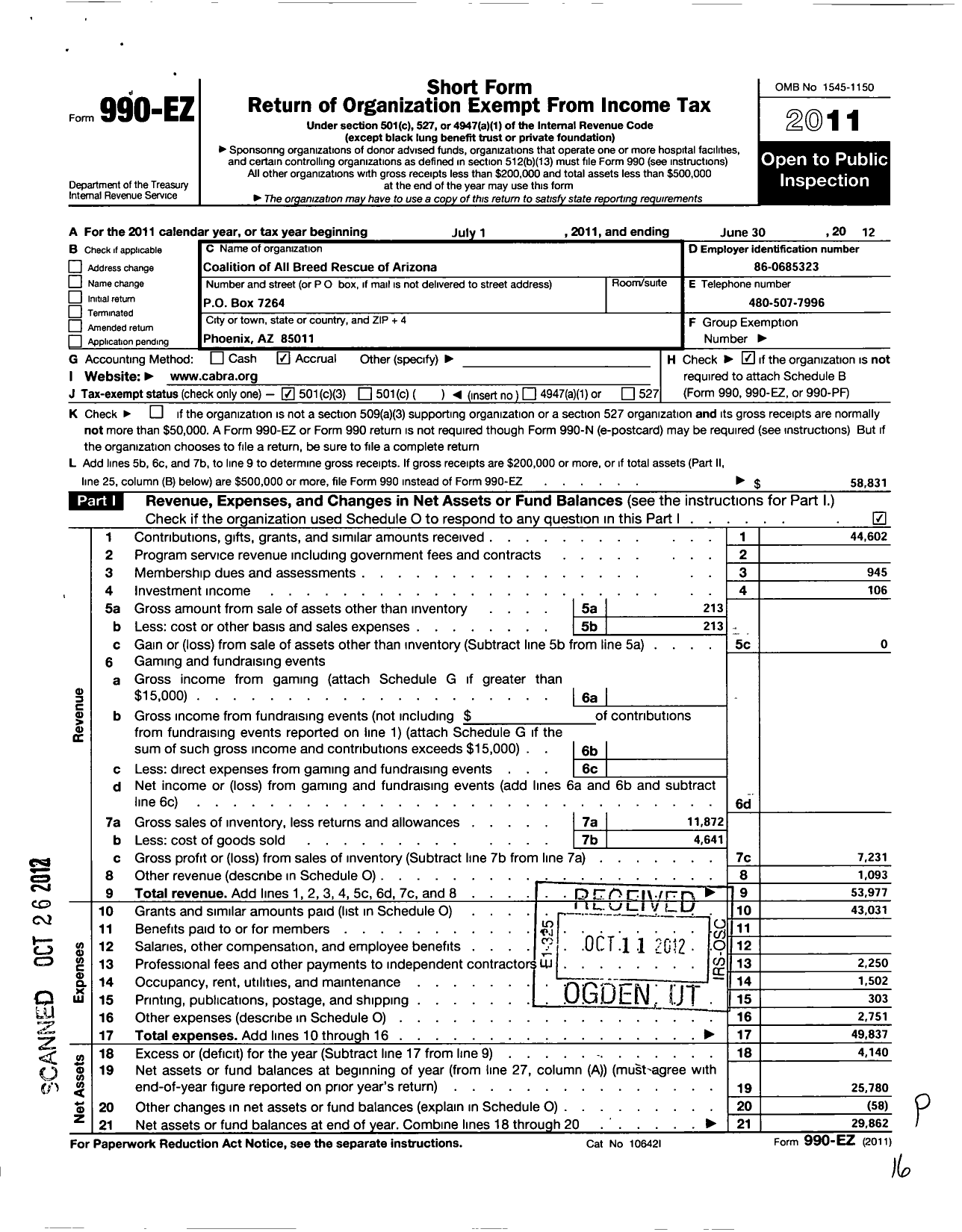 Image of first page of 2011 Form 990EZ for Coalition of All Breed Rescue of Arizona (CABRA)