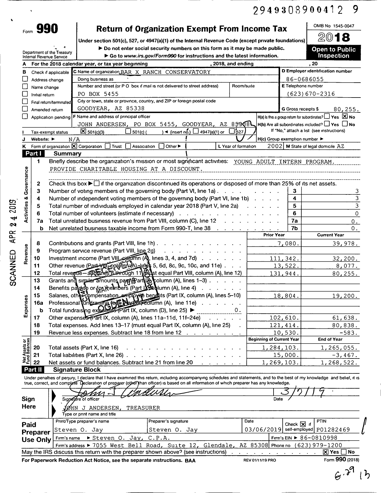 Image of first page of 2018 Form 990 for Bar X Ranch Conservatory