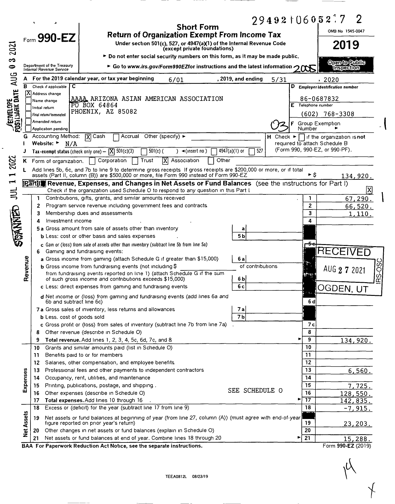 Image of first page of 2019 Form 990EZ for Aaaa Arizona Asian American Association