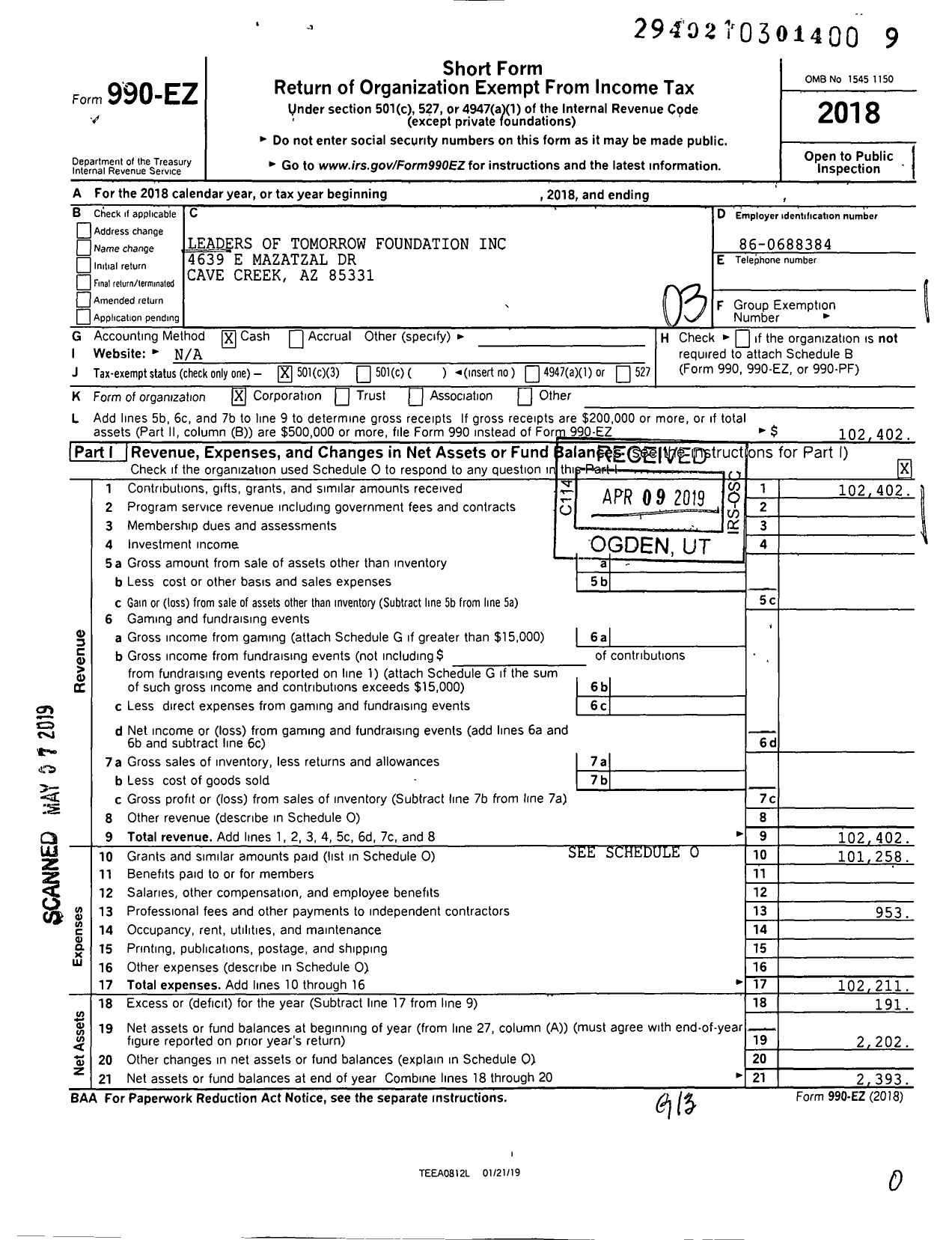 Image of first page of 2018 Form 990EZ for Leaders of Tomorrow Foundation