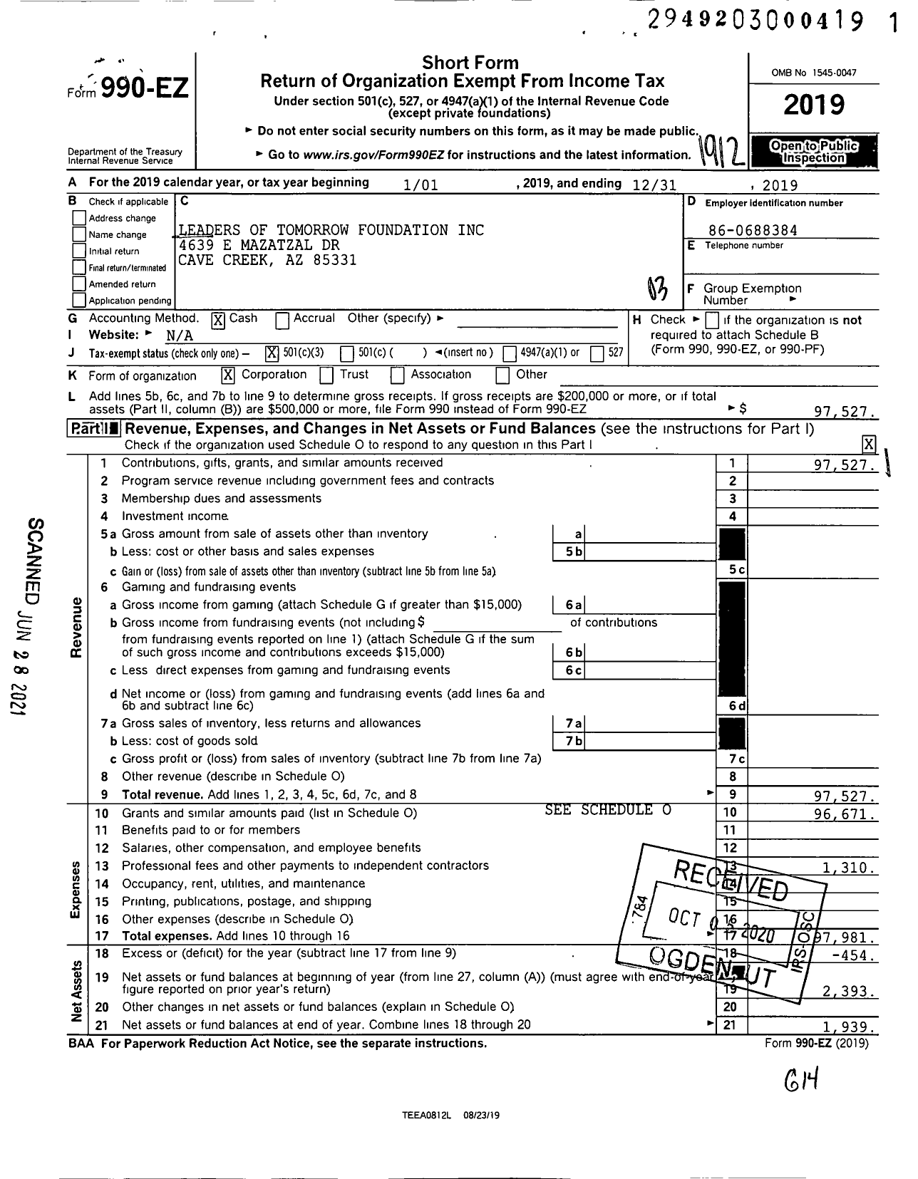 Image of first page of 2019 Form 990EZ for Leaders of Tomorrow Foundation