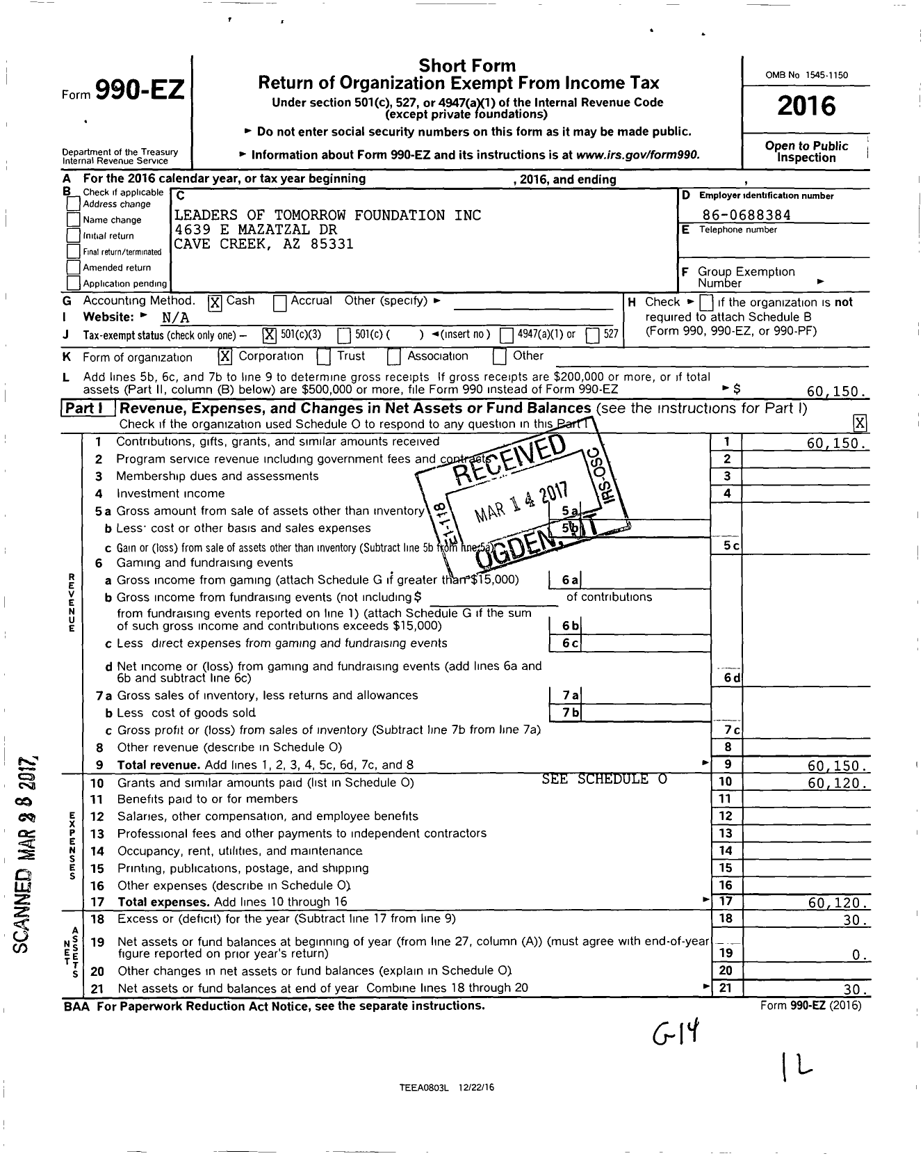 Image of first page of 2016 Form 990EZ for Leaders of Tomorrow Foundation