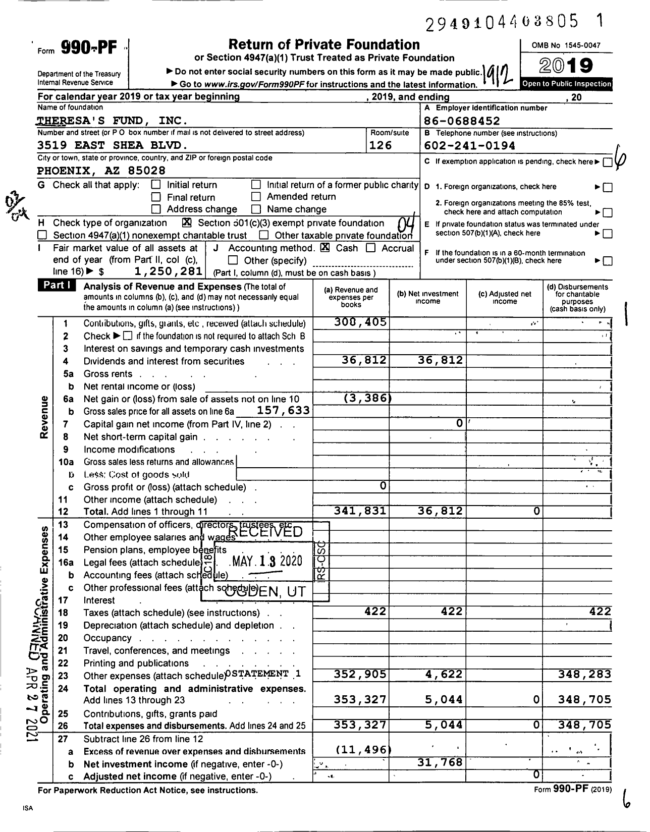 Image of first page of 2019 Form 990PF for Theresa's Fund
