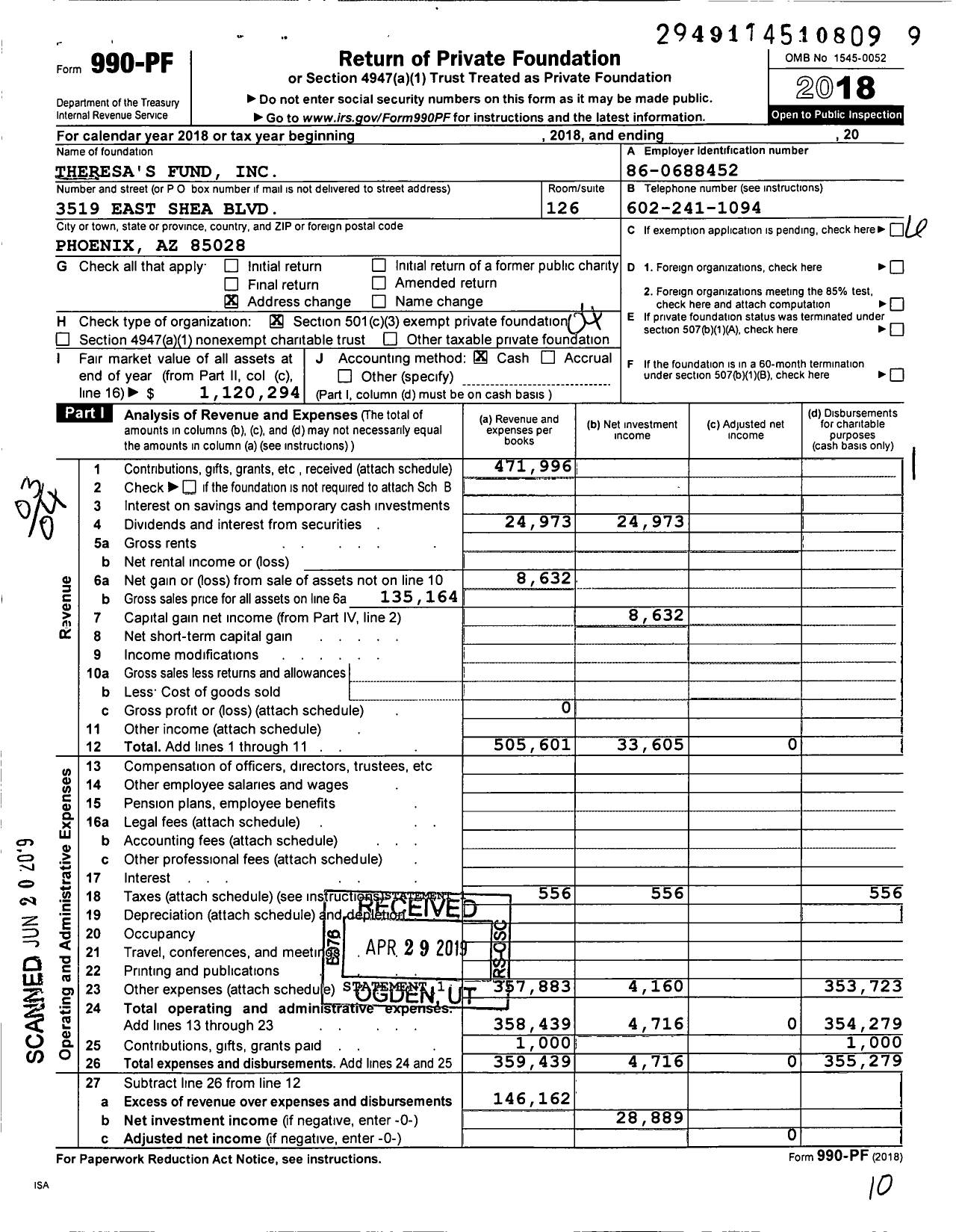 Image of first page of 2018 Form 990PF for Theresa's Fund