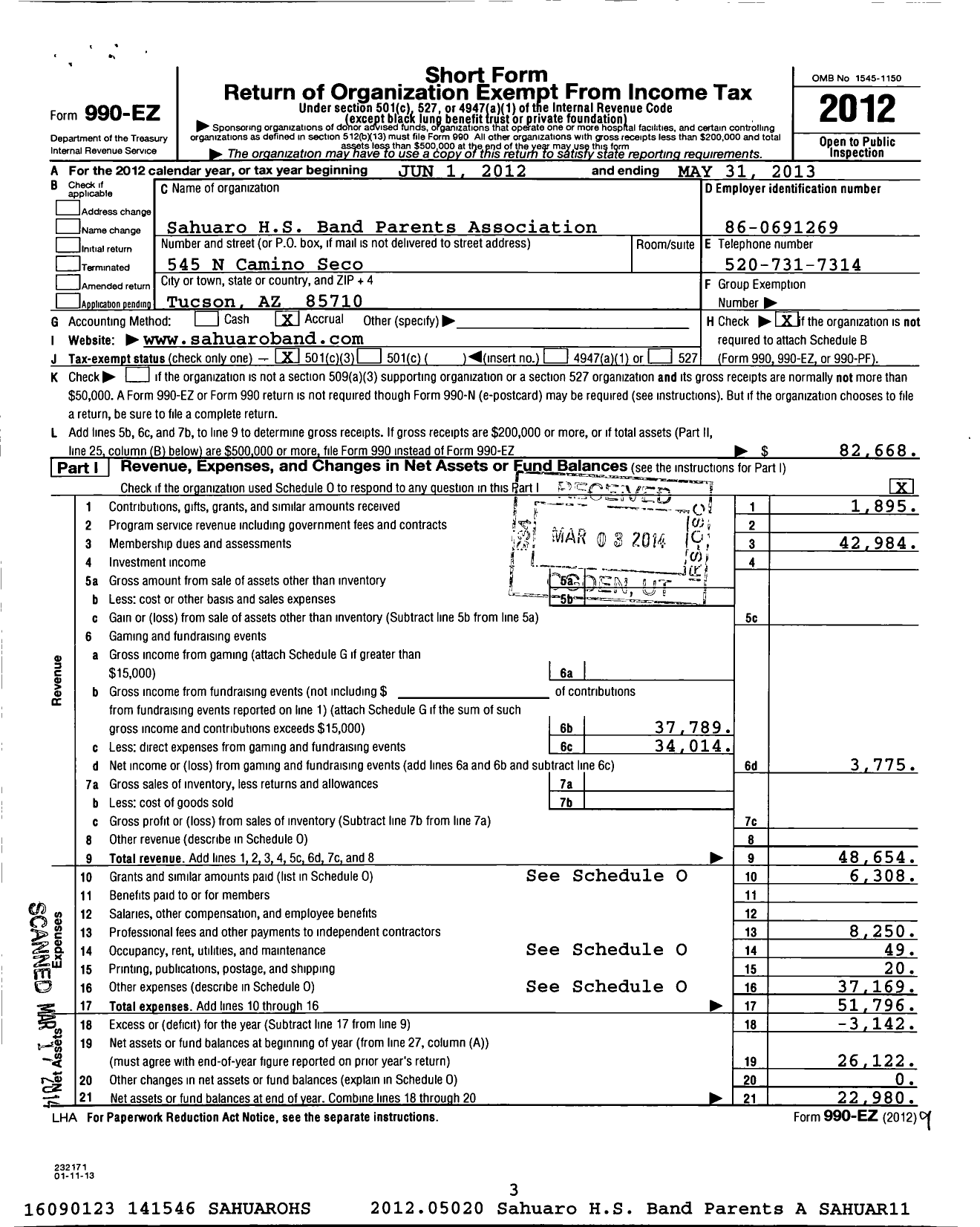 Image of first page of 2012 Form 990EZ for Sahuaro High School Band Parents Association