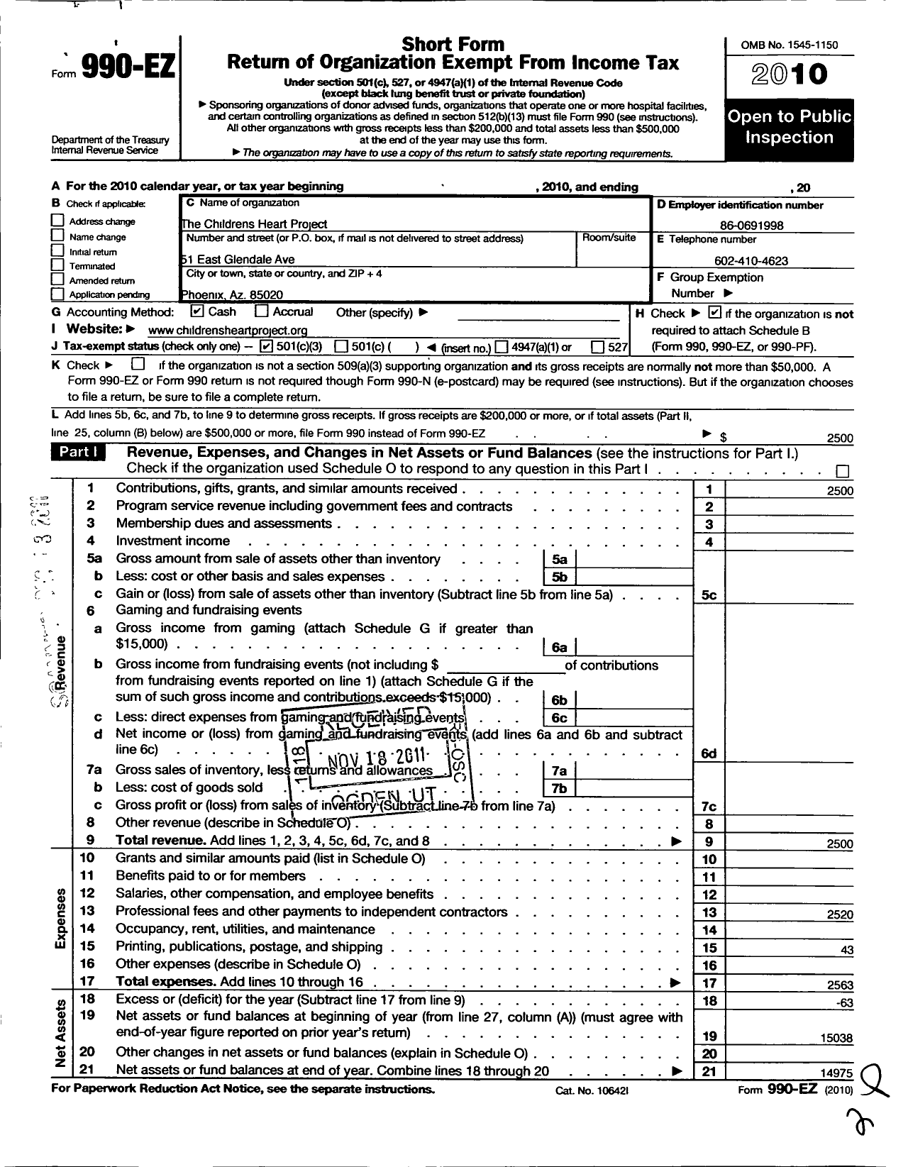 Image of first page of 2010 Form 990EZ for Childrens Heart Project