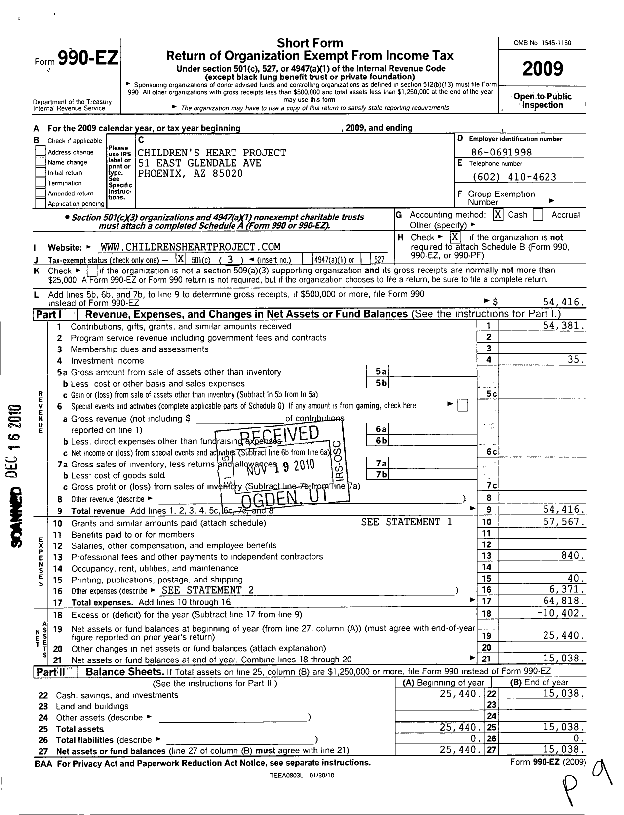 Image of first page of 2009 Form 990EZ for Childrens Heart Project