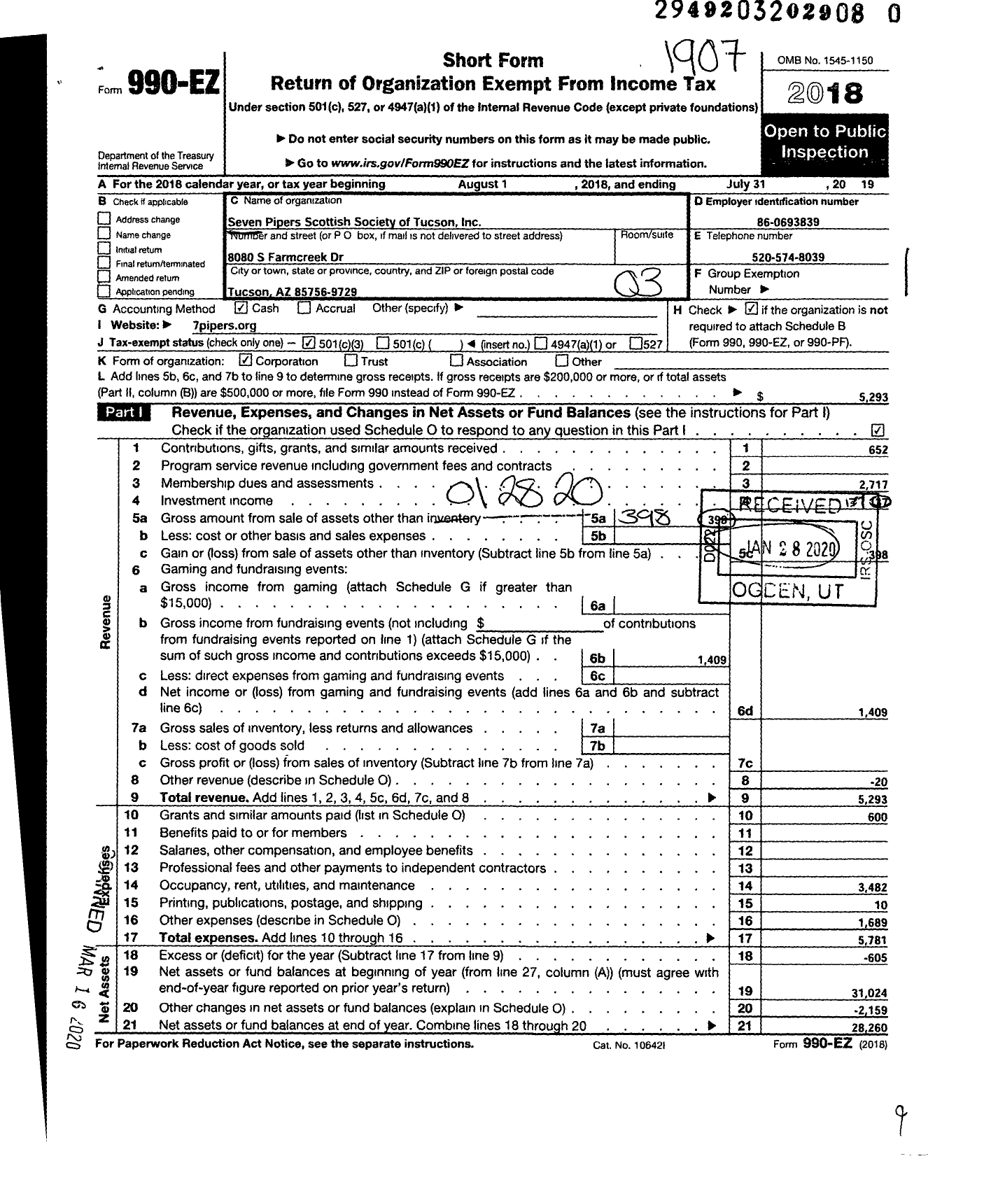 Image of first page of 2018 Form 990EZ for Seven Pipers Scottish Society of Tucson