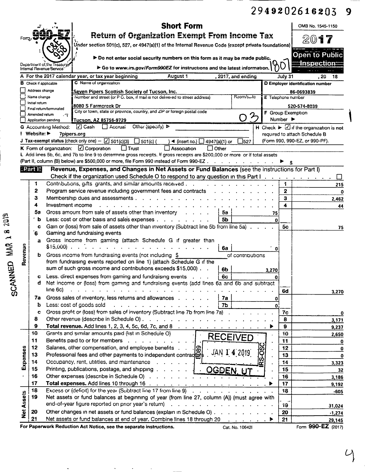 Image of first page of 2017 Form 990EZ for Seven Pipers Scottish Society of Tucson