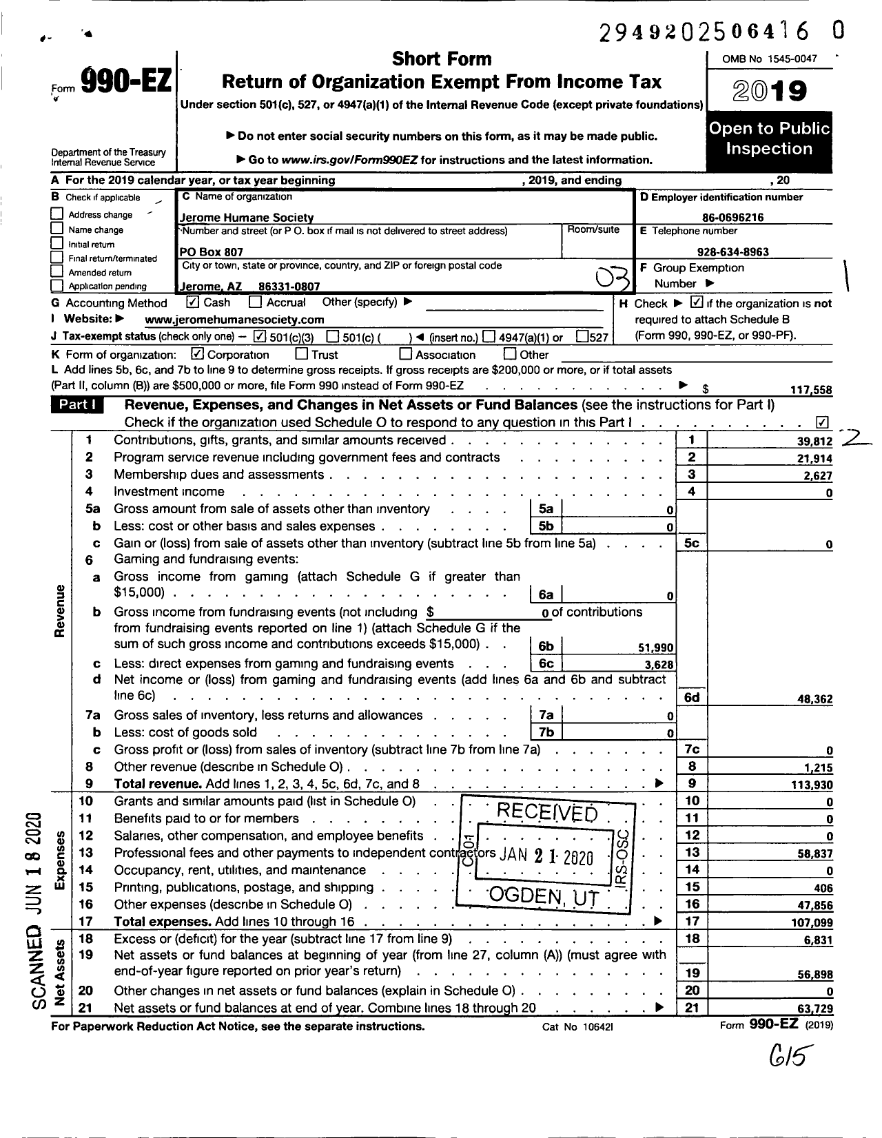 Image of first page of 2019 Form 990EZ for Jerome Humane Society (JHS)