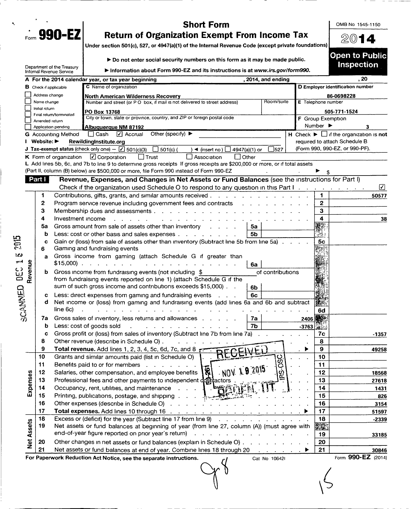 Image of first page of 2014 Form 990EZ for North American Wilderness Recovery