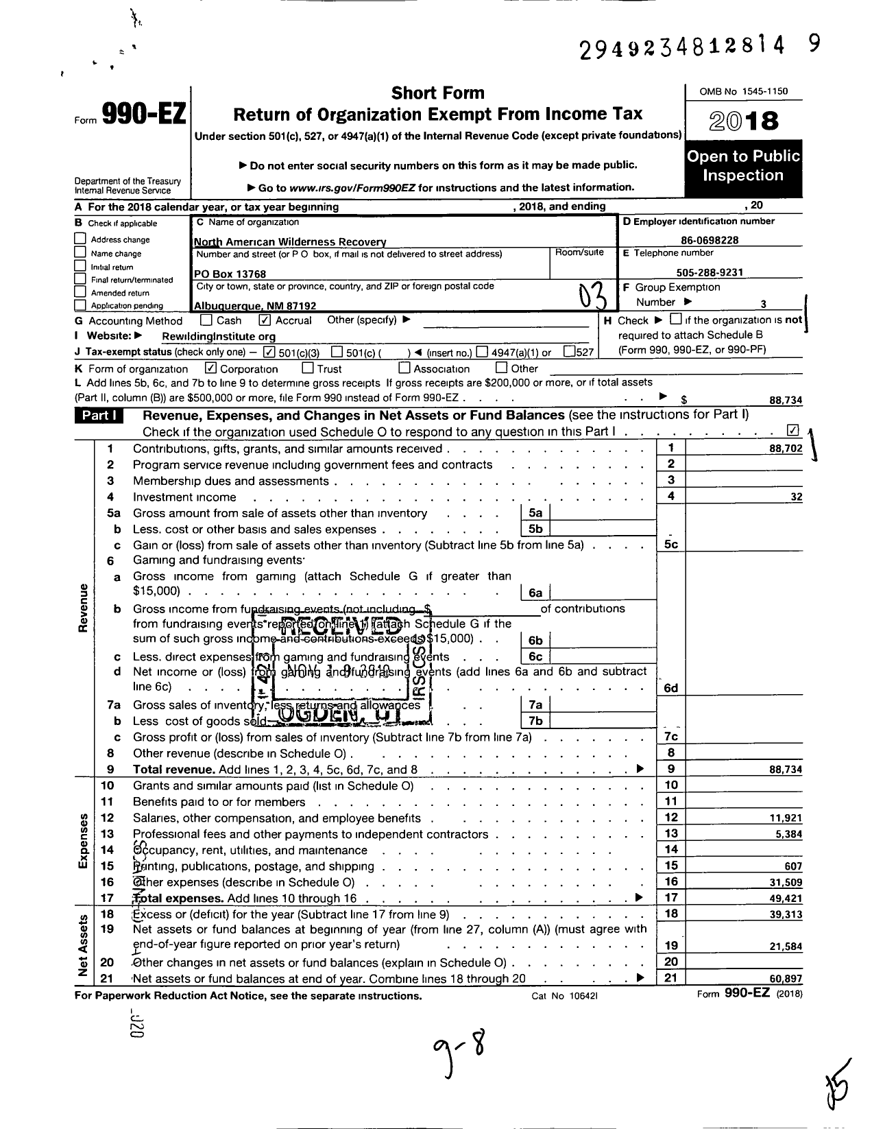 Image of first page of 2018 Form 990EZ for North American Wilderness Recovery