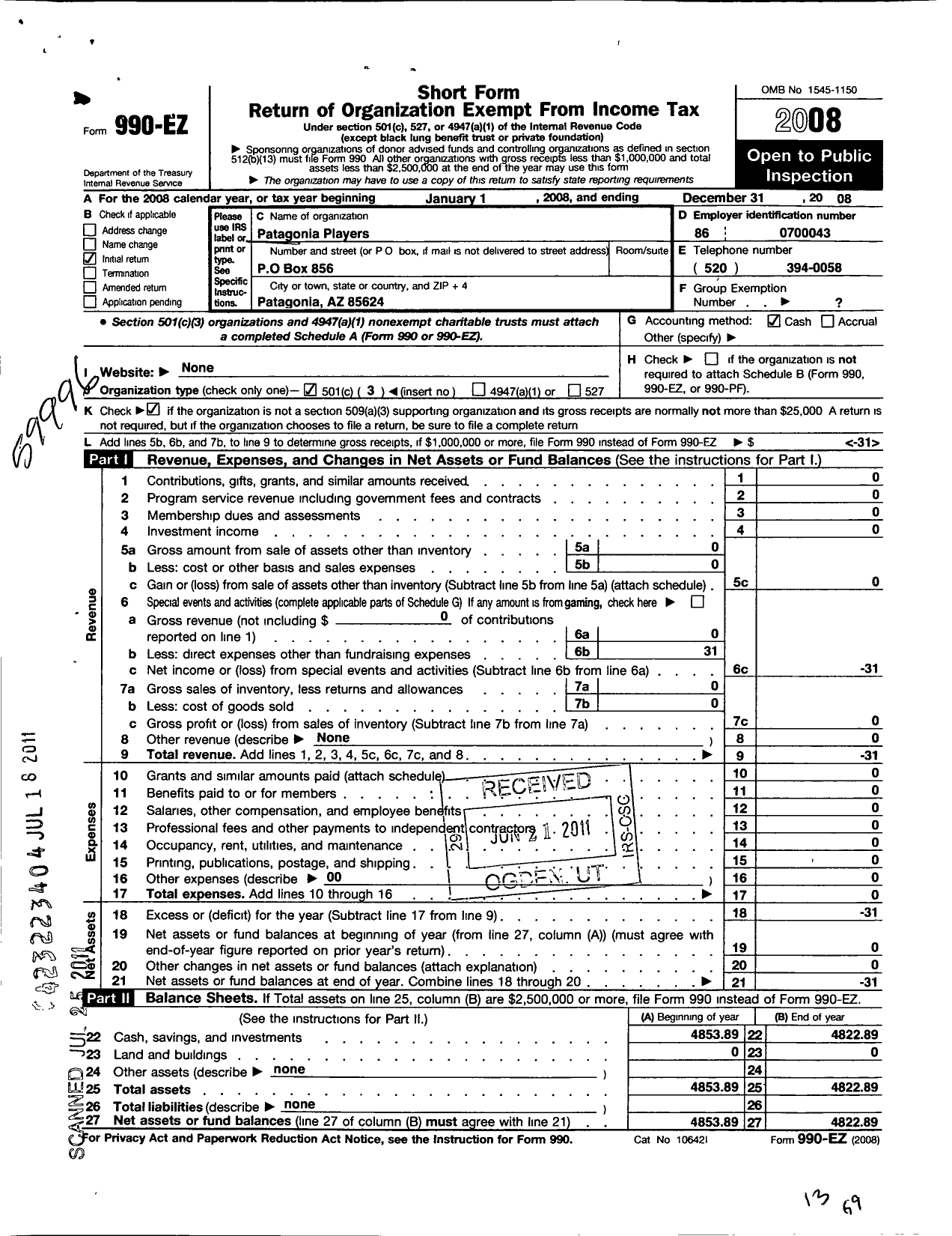 Image of first page of 2008 Form 990EZ for Patagonia Players