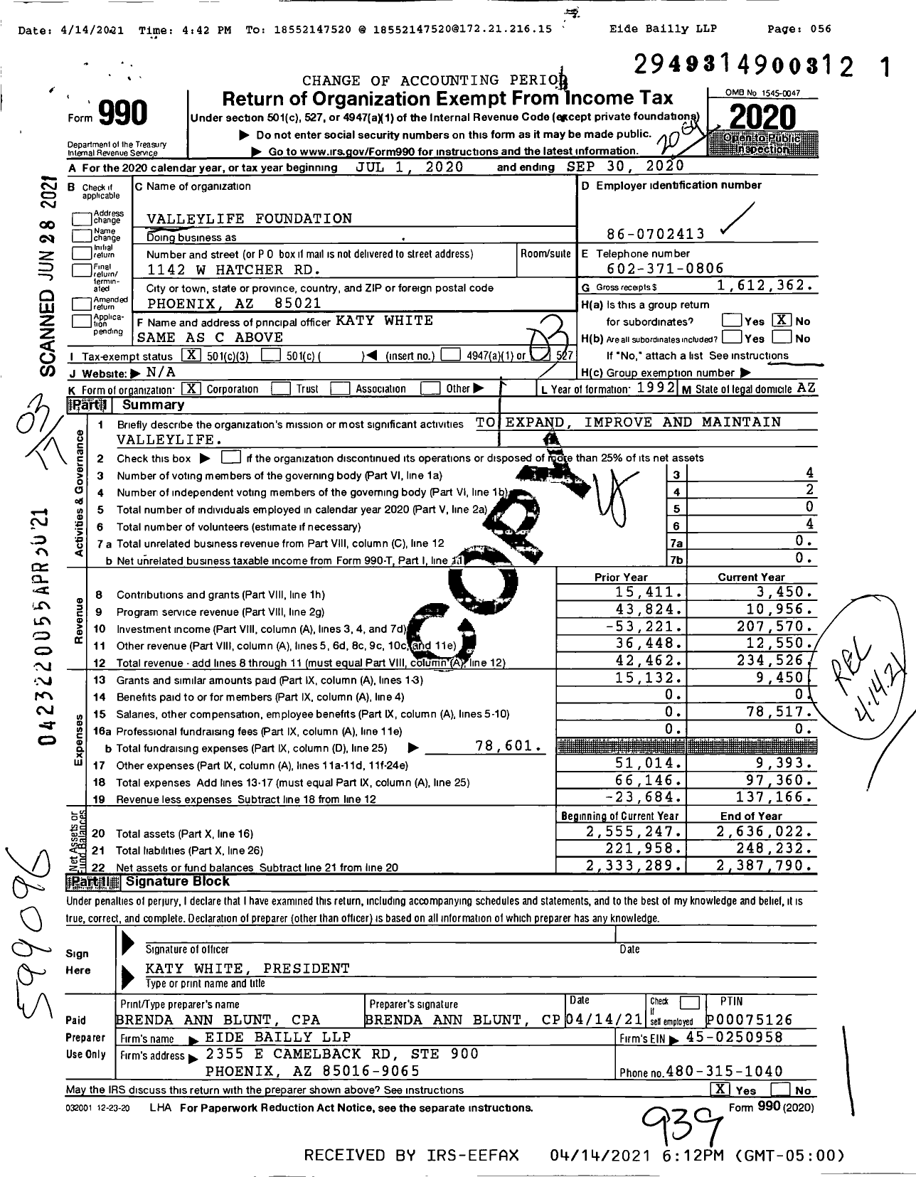 Image of first page of 2019 Form 990 for Valleylife Foundation