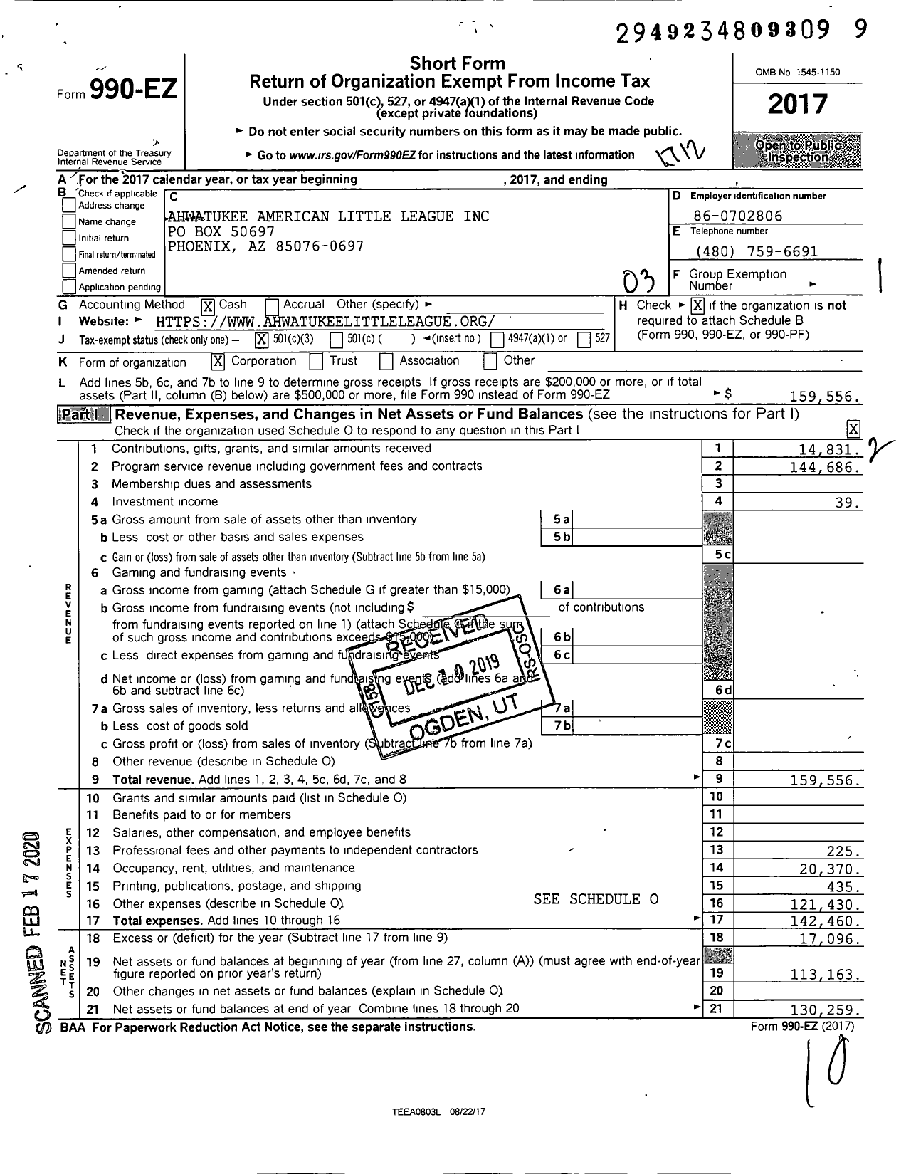 Image of first page of 2017 Form 990EZ for Ahwatukee American Little League