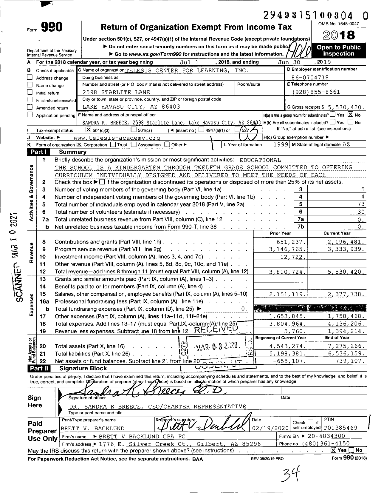 Image of first page of 2018 Form 990 for Telesis Center for Learning