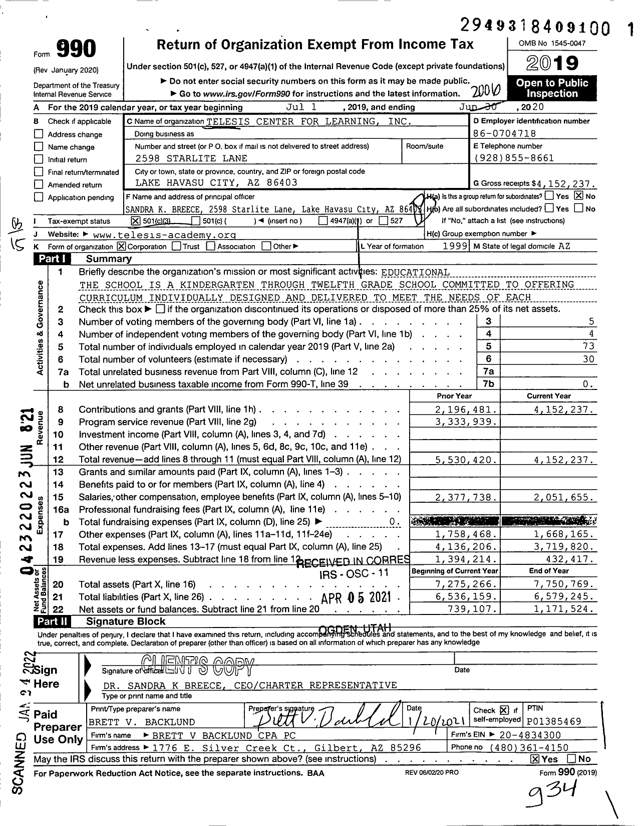 Image of first page of 2019 Form 990 for Telesis Center for Learning