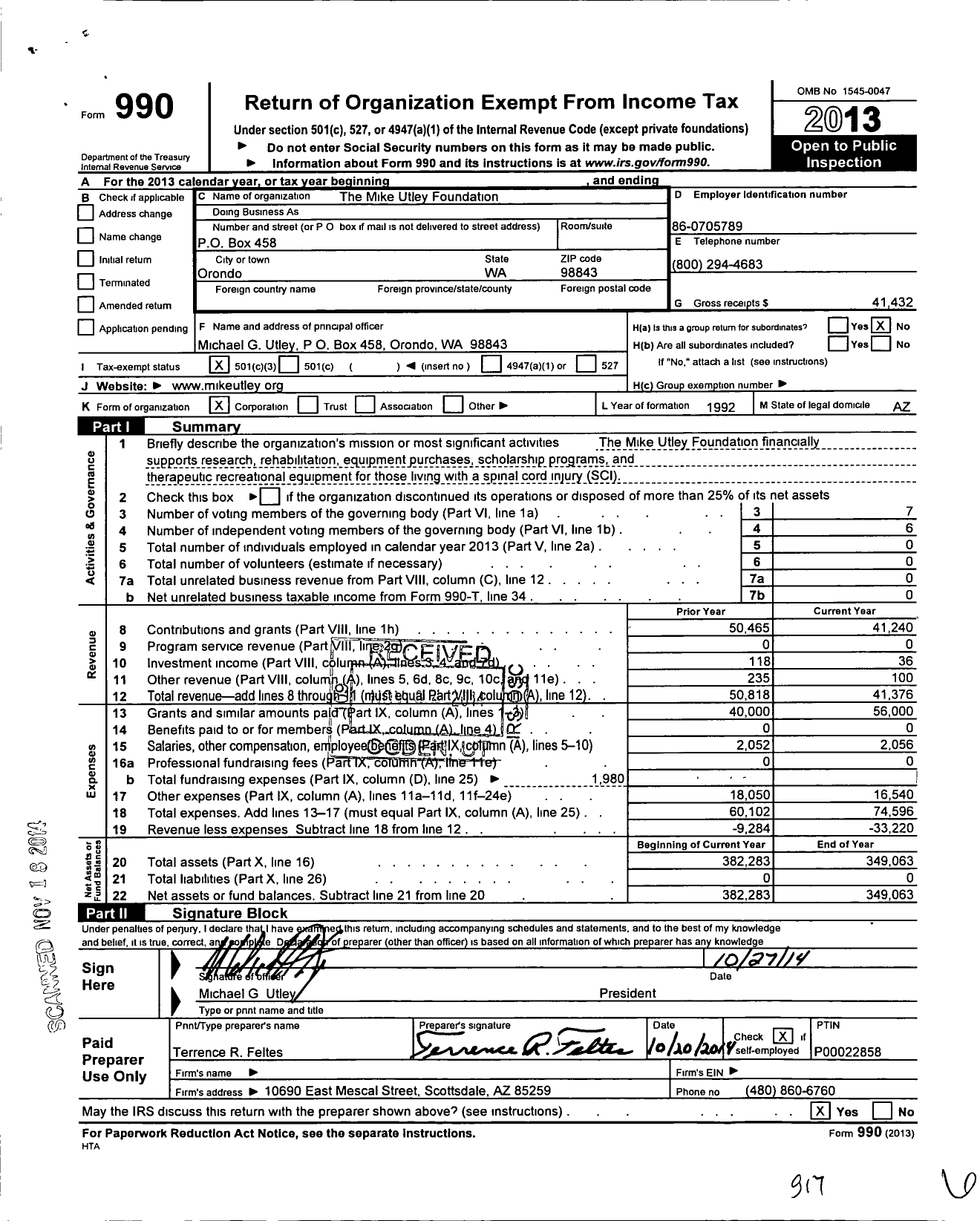 Image of first page of 2013 Form 990 for The Mike Utley Foundation