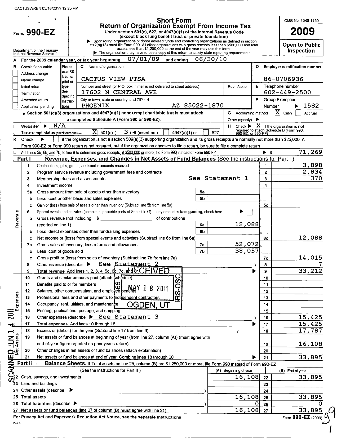 Image of first page of 2009 Form 990EZ for PTA Arizona Congress of Parents and Teachers / Cactus View Ptsa