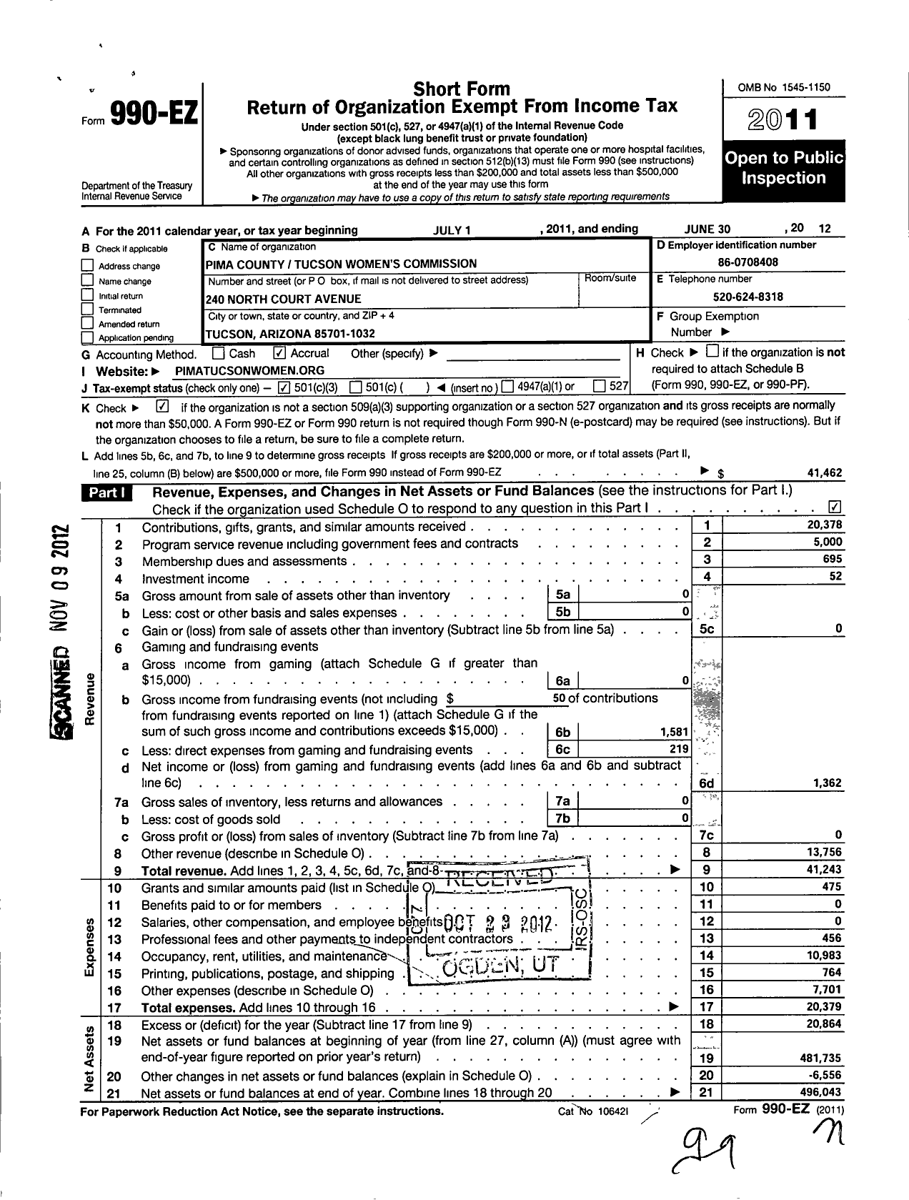 Image of first page of 2011 Form 990EZ for Pima County-Tucson Womens Commission