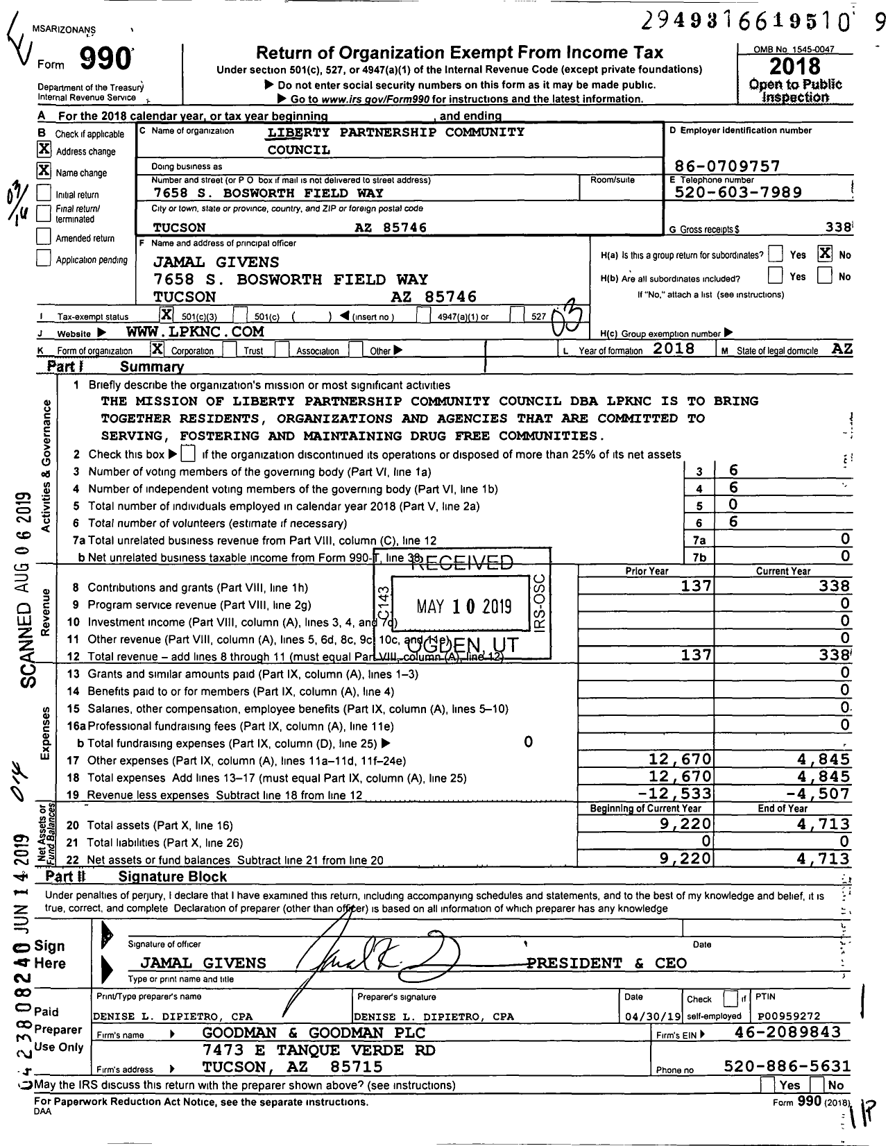 Image of first page of 2018 Form 990 for LPKNC