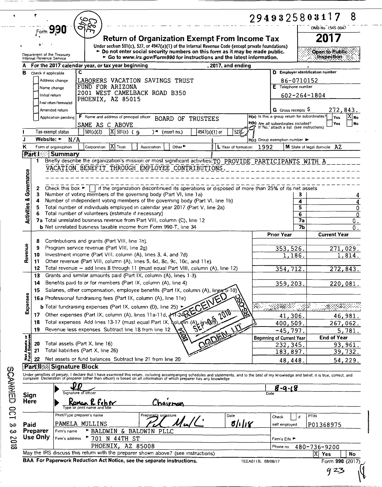 Image of first page of 2017 Form 990O for Laborers Vacation Savings Trust Fund for Arizona