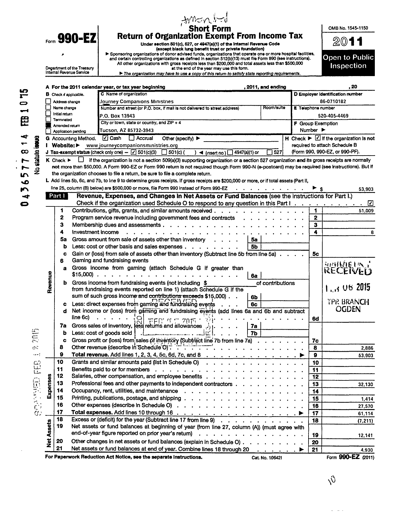 Image of first page of 2011 Form 990EZ for Journey Companions Ministries