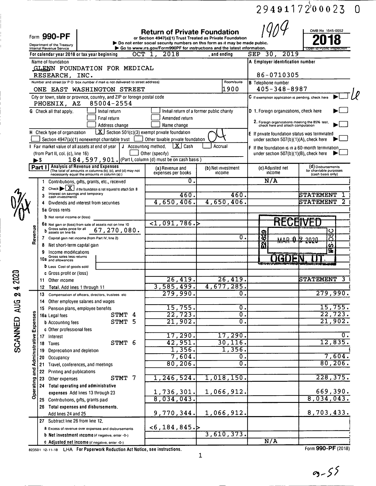 Image of first page of 2018 Form 990PR for Glenn Foundation for Medical Research