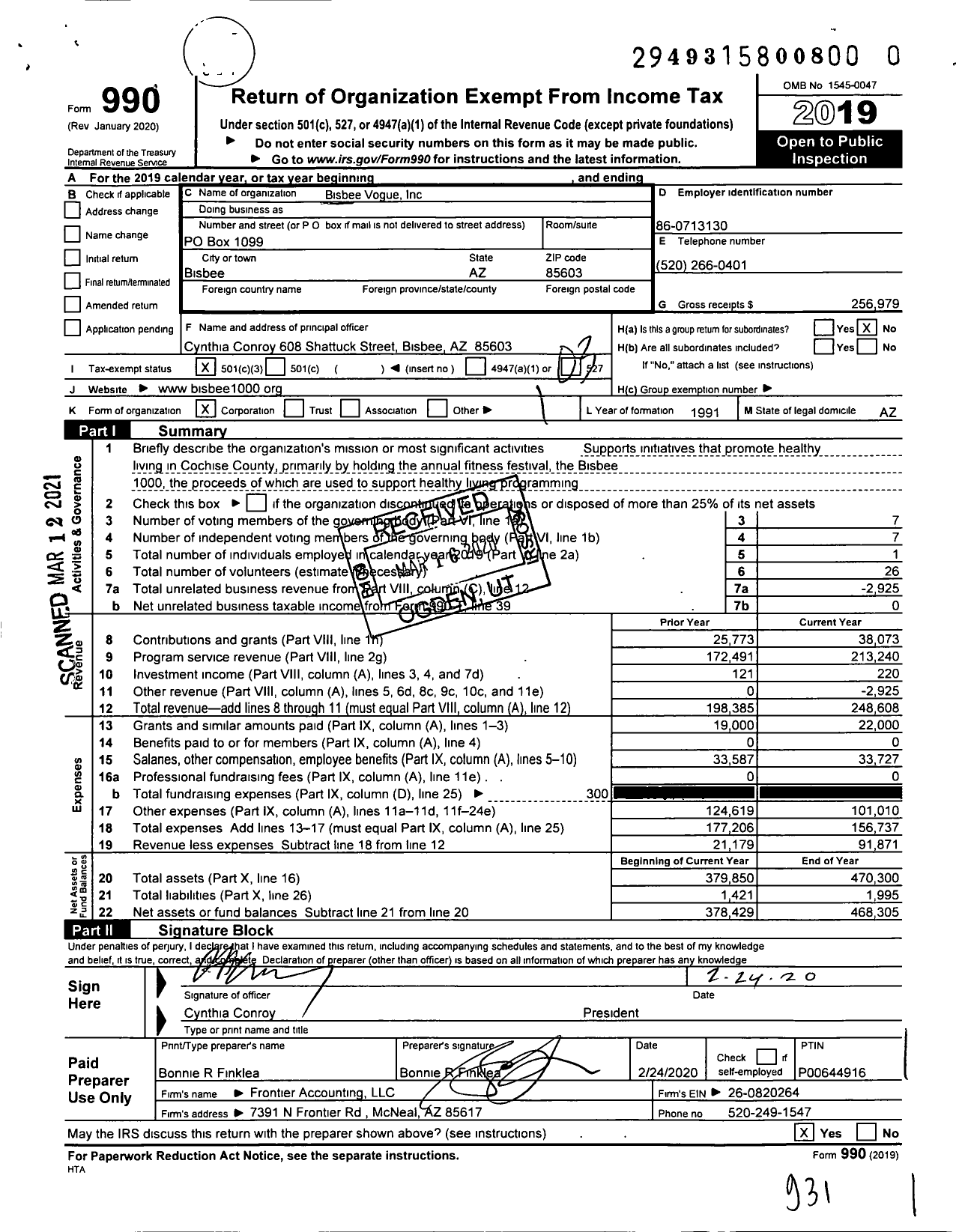 Image of first page of 2019 Form 990 for Bisbee Vogue