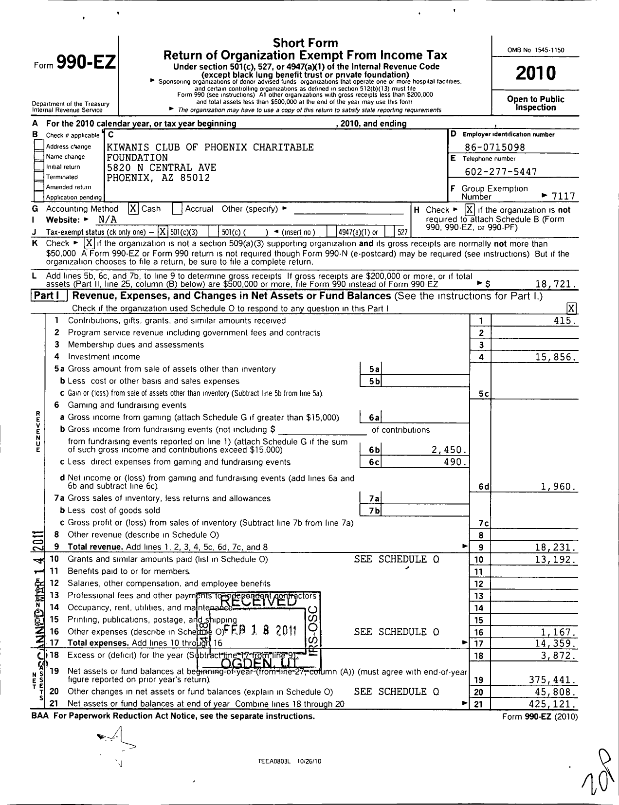 Image of first page of 2010 Form 990EZ for Southwest District Kiwanis Foundation / Phoenix Charitable Foundation