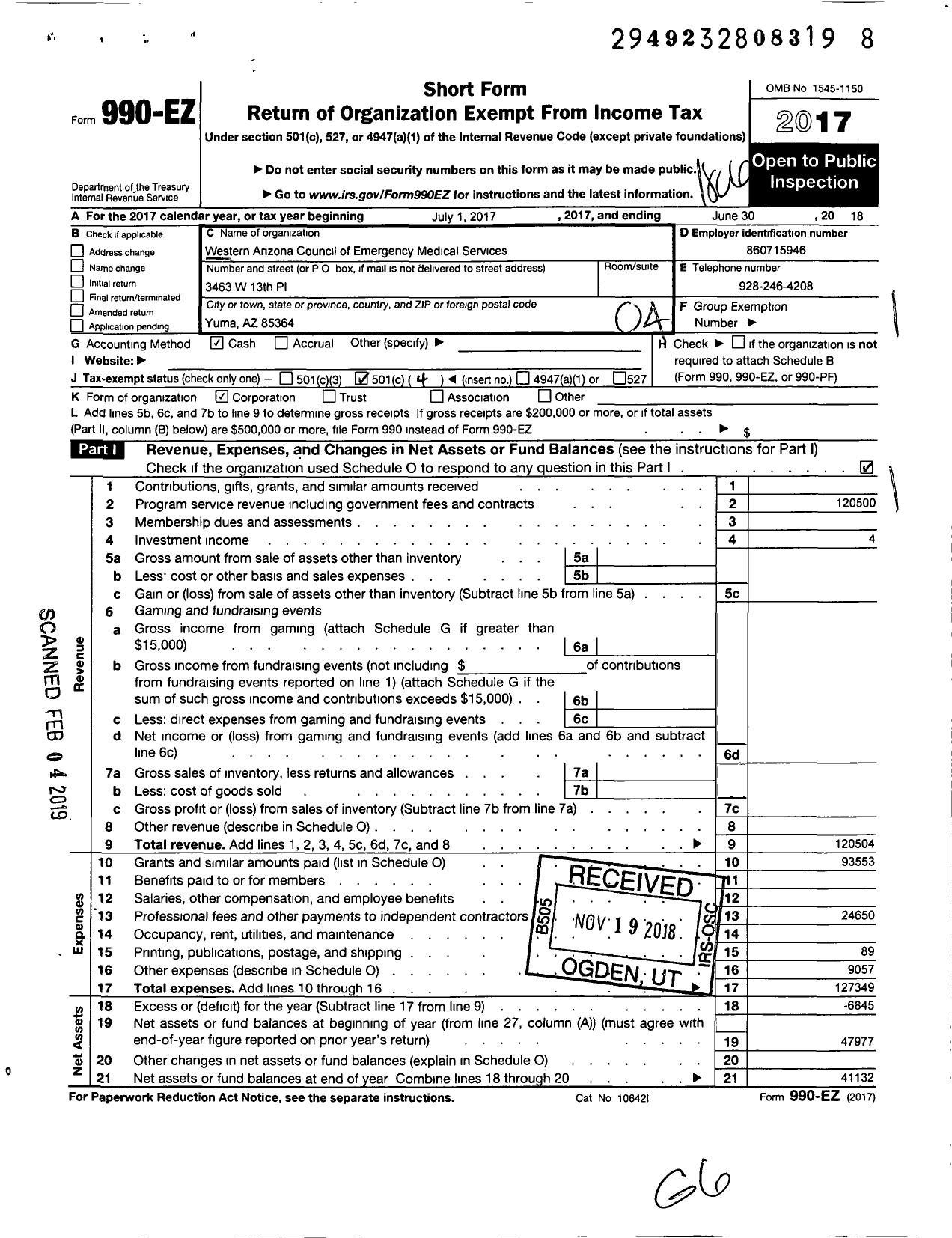Image of first page of 2017 Form 990EO for Western Arizona Council of Emergency Medical Services