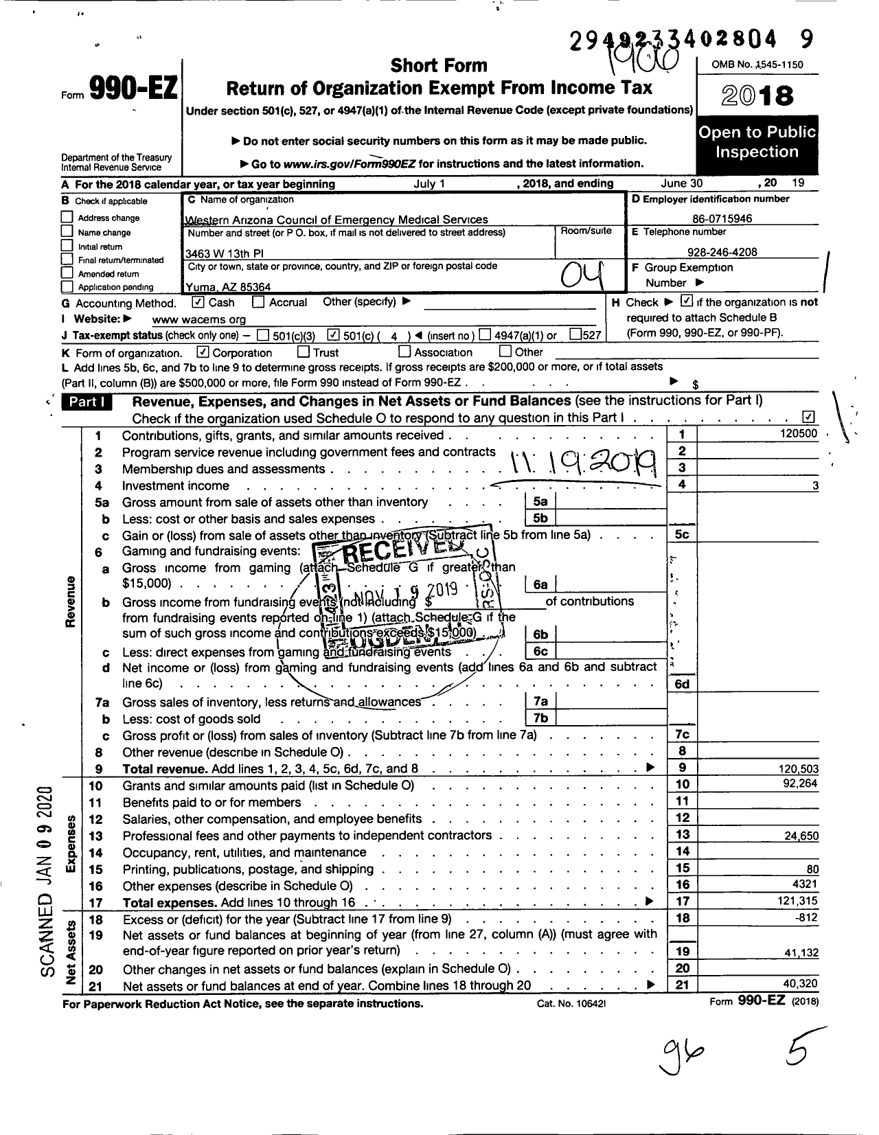 Image of first page of 2018 Form 990EO for Western Arizona Council of Emergency Medical Services