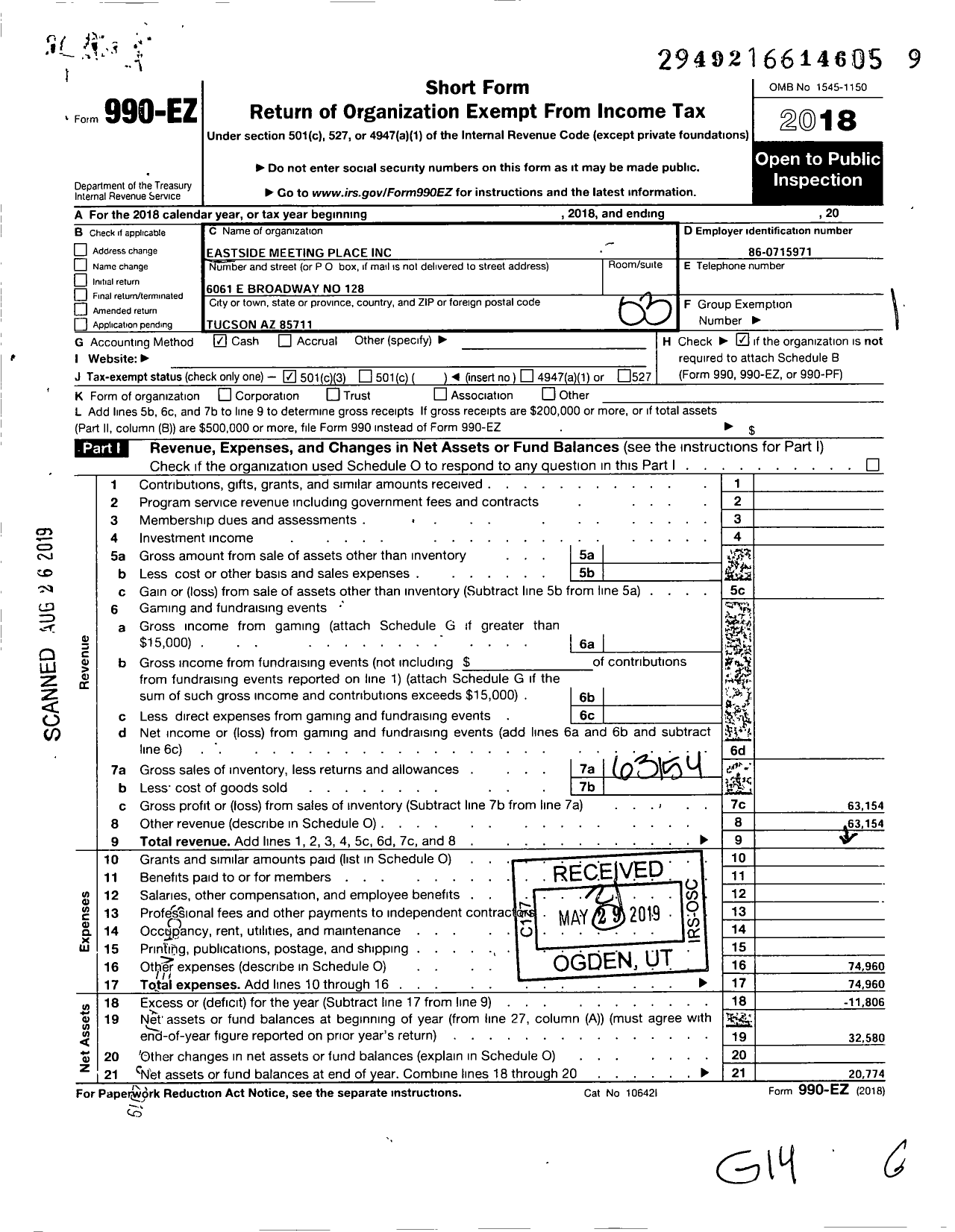 Image of first page of 2018 Form 990EZ for Eastside Meeting Place