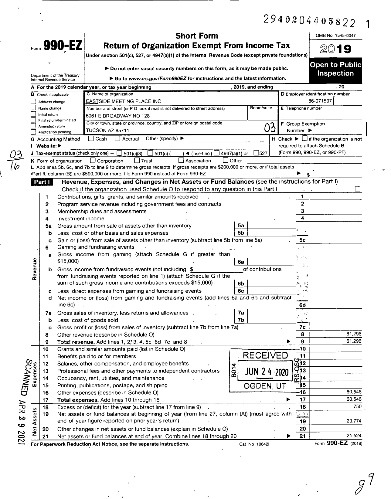 Image of first page of 2019 Form 990EZ for Eastside Meeting Place