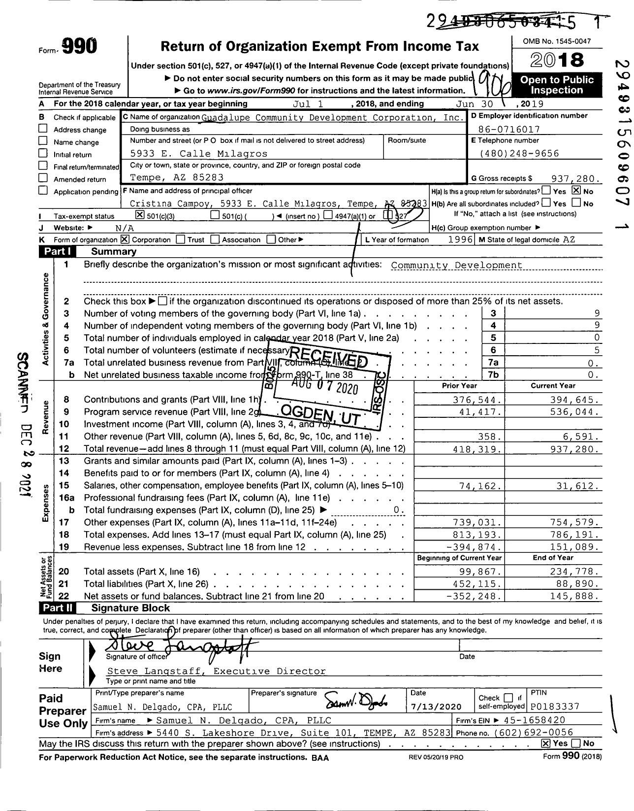 Image of first page of 2018 Form 990 for Guadalupe Community Development Corporation