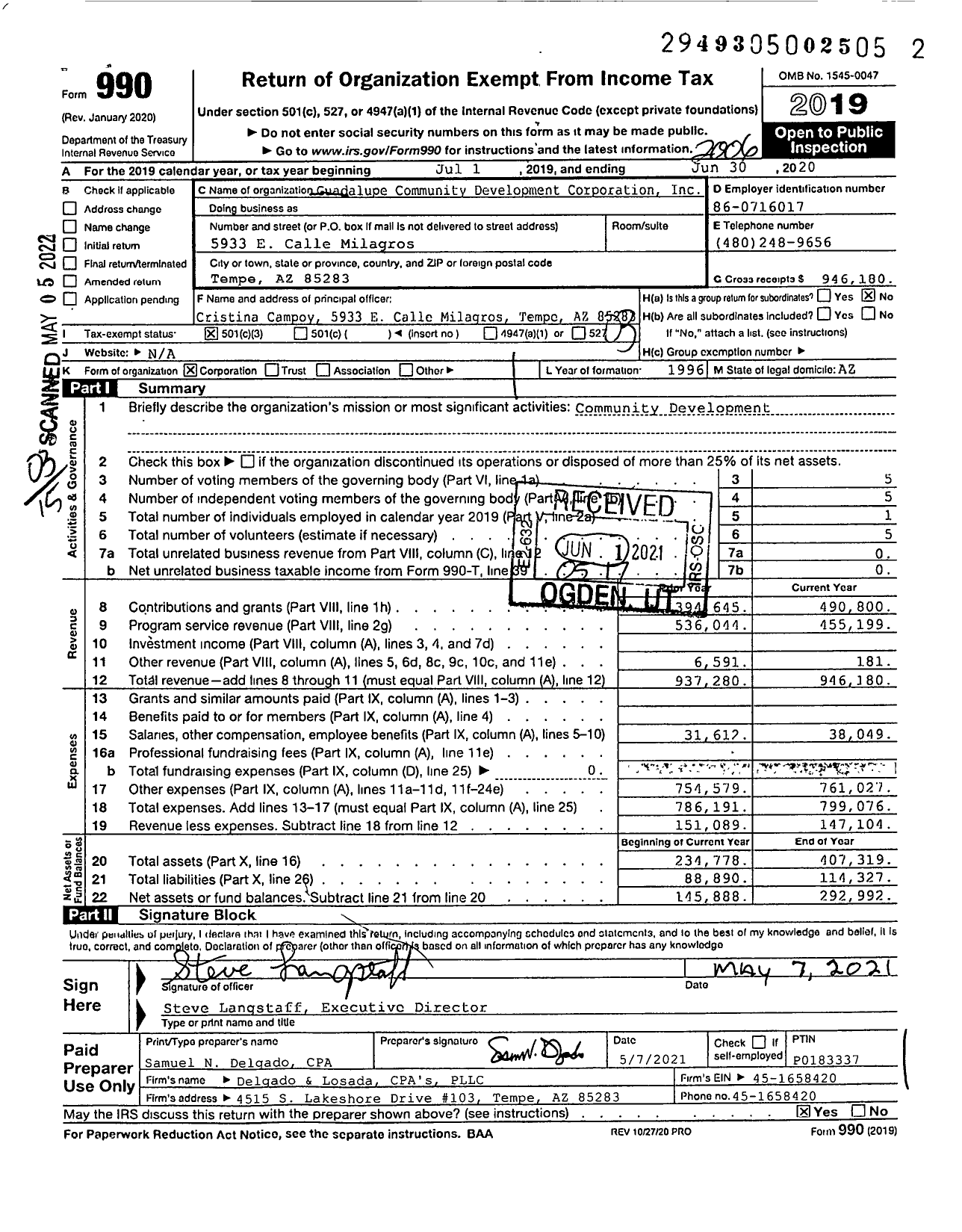 Image of first page of 2019 Form 990 for Guadalupe Community Development Corporation