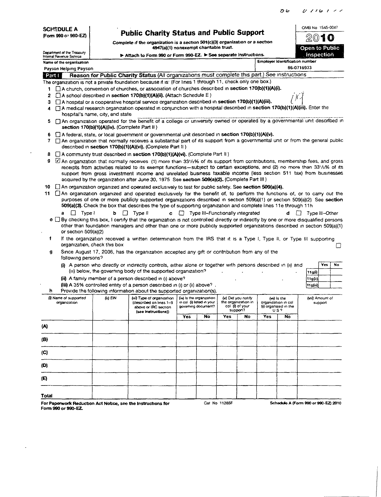 Image of first page of 2010 Form 990ER for Payson Helping Payson